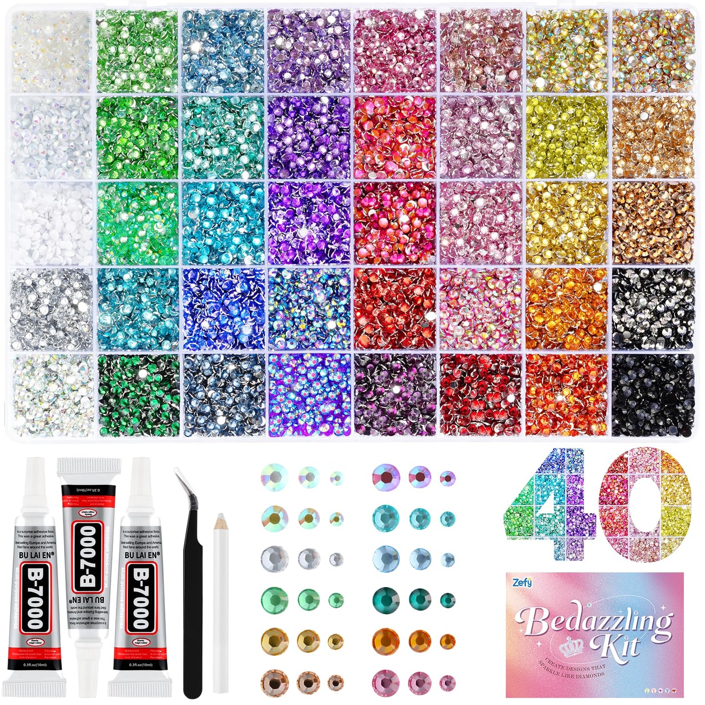 Zefy 43000 Pcs Resin Rhinestones for Bedazzling, 40 Colors 2/3/4 mm Bedazzling Kit for Crafting, Flatback Gems with 3Pcs B7000 Glue for Clothing Shoes Beauty and Personal Care Zefy Default Title