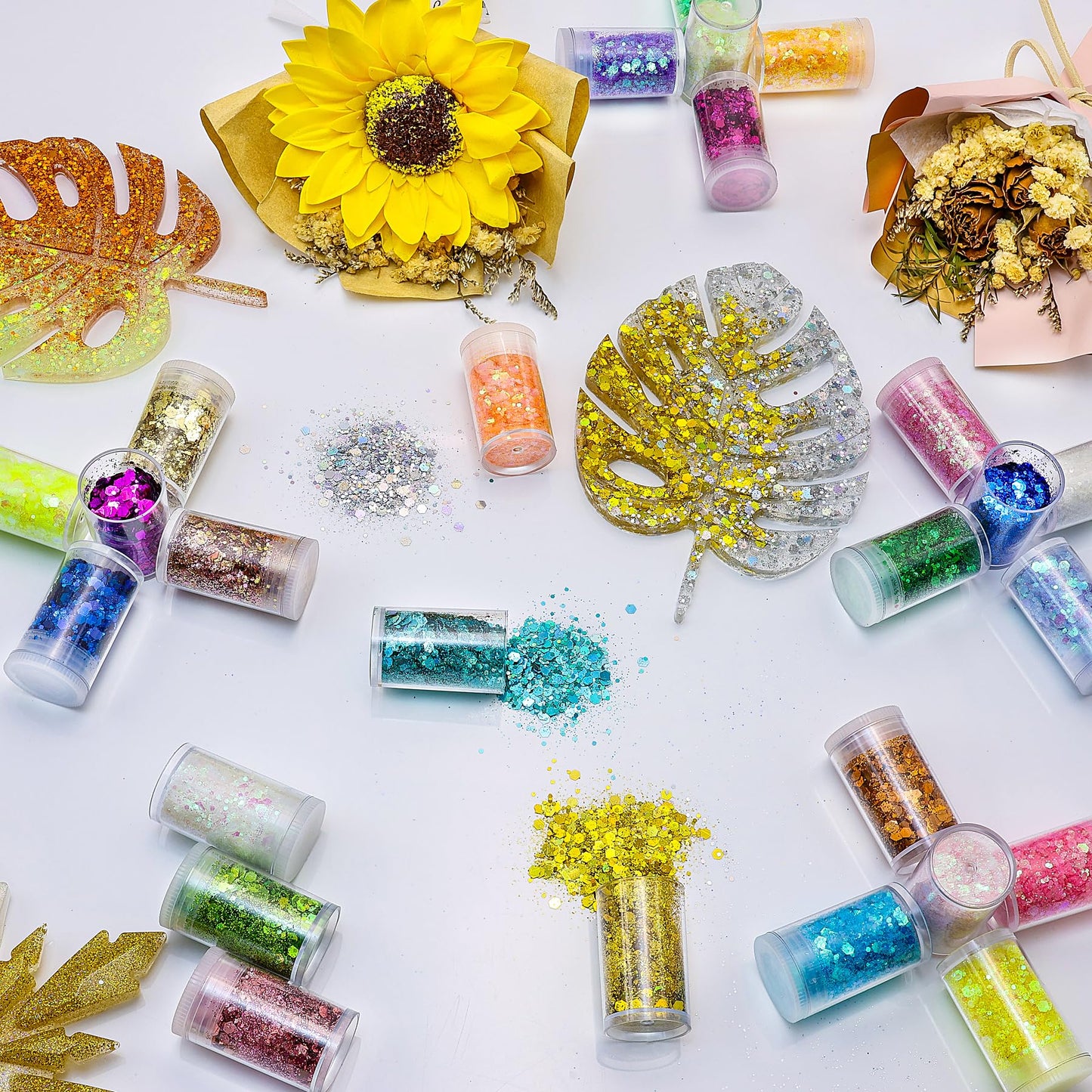 45 Holographic Chunky Sequins & Fine Powder Glitter Mix, Iridescent Glitter Flakes for Face, Body, Eye, Nail Art & Resin Epoxy