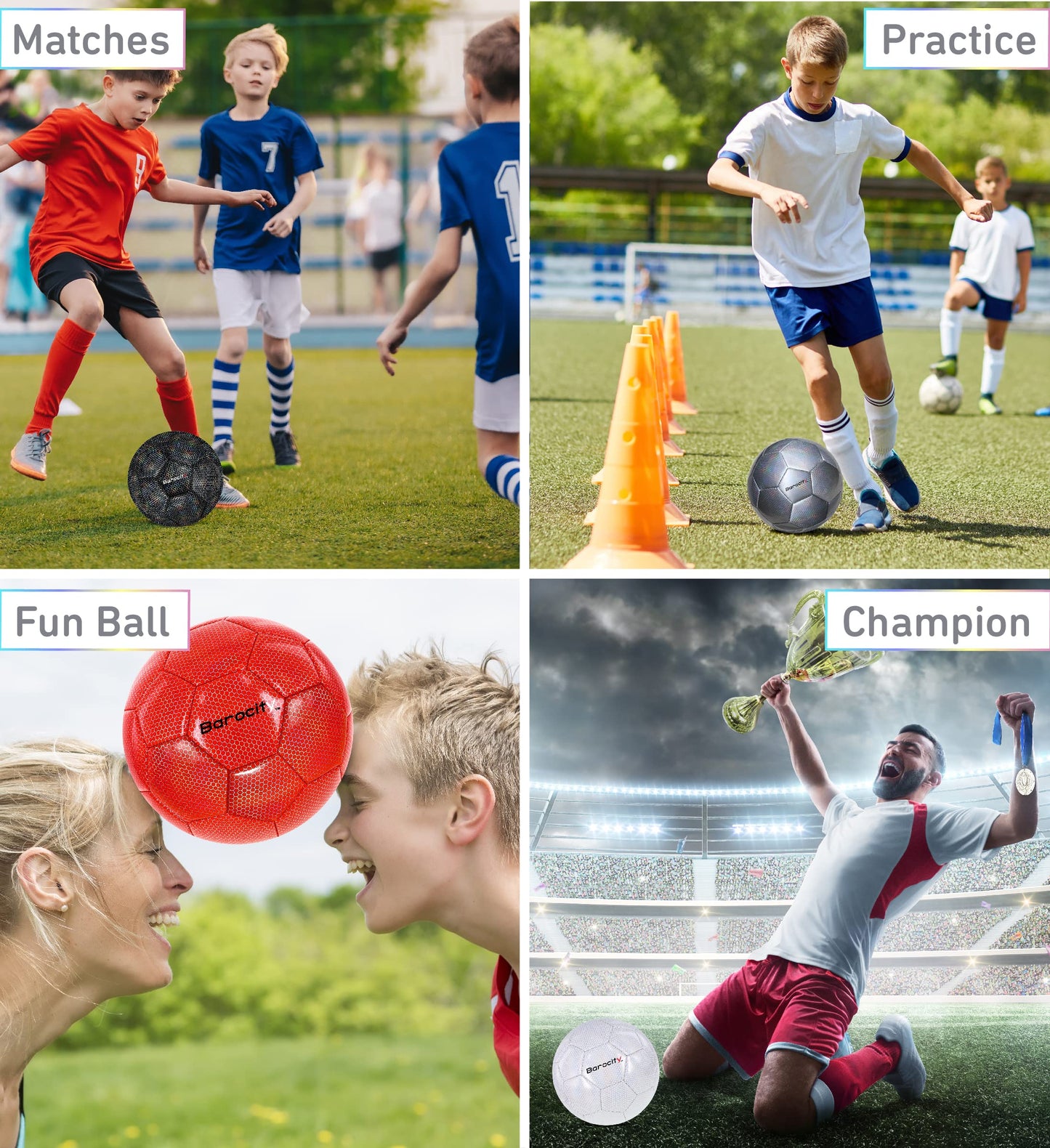 Barocity Iridescent Soccer Balls Set of 4 - Black, Silver, White, and Red Official Match Ball with Reflective Hex Pattern, Sport Soccer Balls…