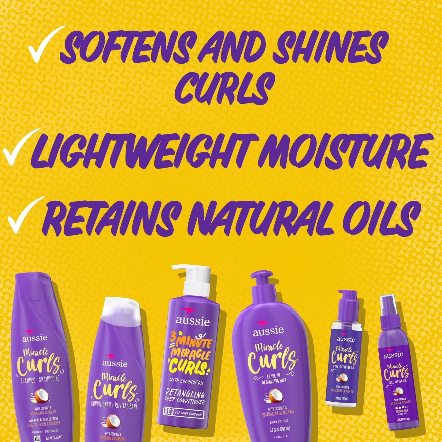 Aussie Miracle Curls Set: Shampoo, Conditioner, Deep Hydration, Spray Gel, Detangling Milk, and Oil Hair Treatment, Curl Oil, Coconut & Jojoba, Frizz Control, 6 Pieces
