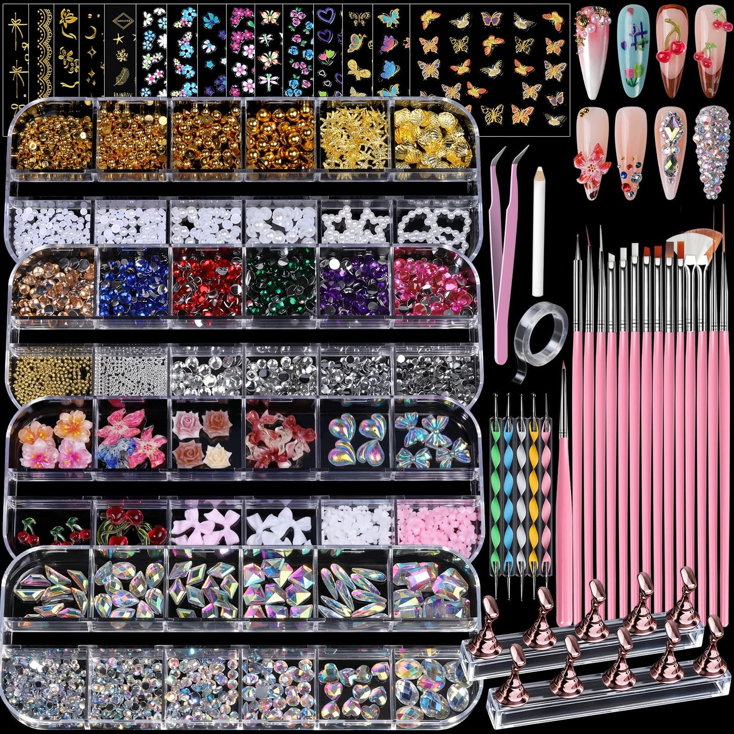 Teenitor 4 Boxes Nail Charms and Gems Set, Nail Rhinestones Nail Kit with Nail Art Brushes Nail Stand, Nail Gems Nail Design Tools with 15pcs Nail Beauty and Personal Care Teenitor