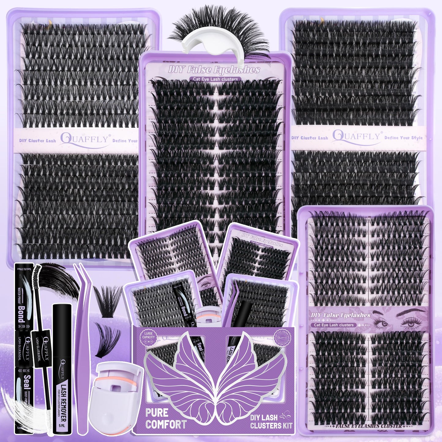 DIY Lash Cluster Kit - 1184pcs 40D-100D Natural Soft Cluster Lashes 8-18mm D Curl with Lash Bond&Seal Remover Tweezere Lash Curler All Tools In One Beauty and Personal Care QUAFFLY Default Title