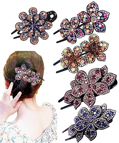 5 Pcs double flower decorative jeweled rhinestone hair clip pretty fancy floral thick crystal hair clips for women beautiful fashion designer asian