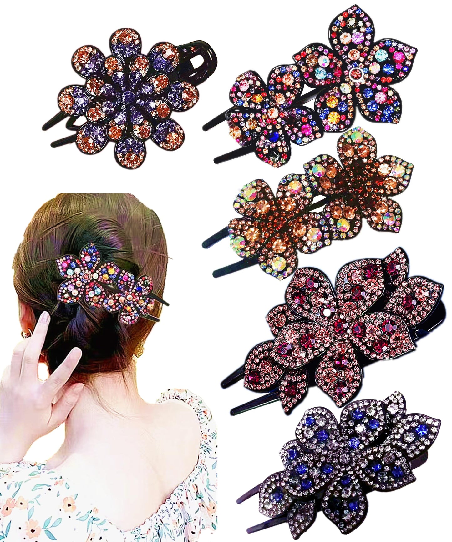 5 Pcs double flower decorative jeweled rhinestone hair clip pretty fancy floral thick crystal hair clips for women beautiful fashion designer asian