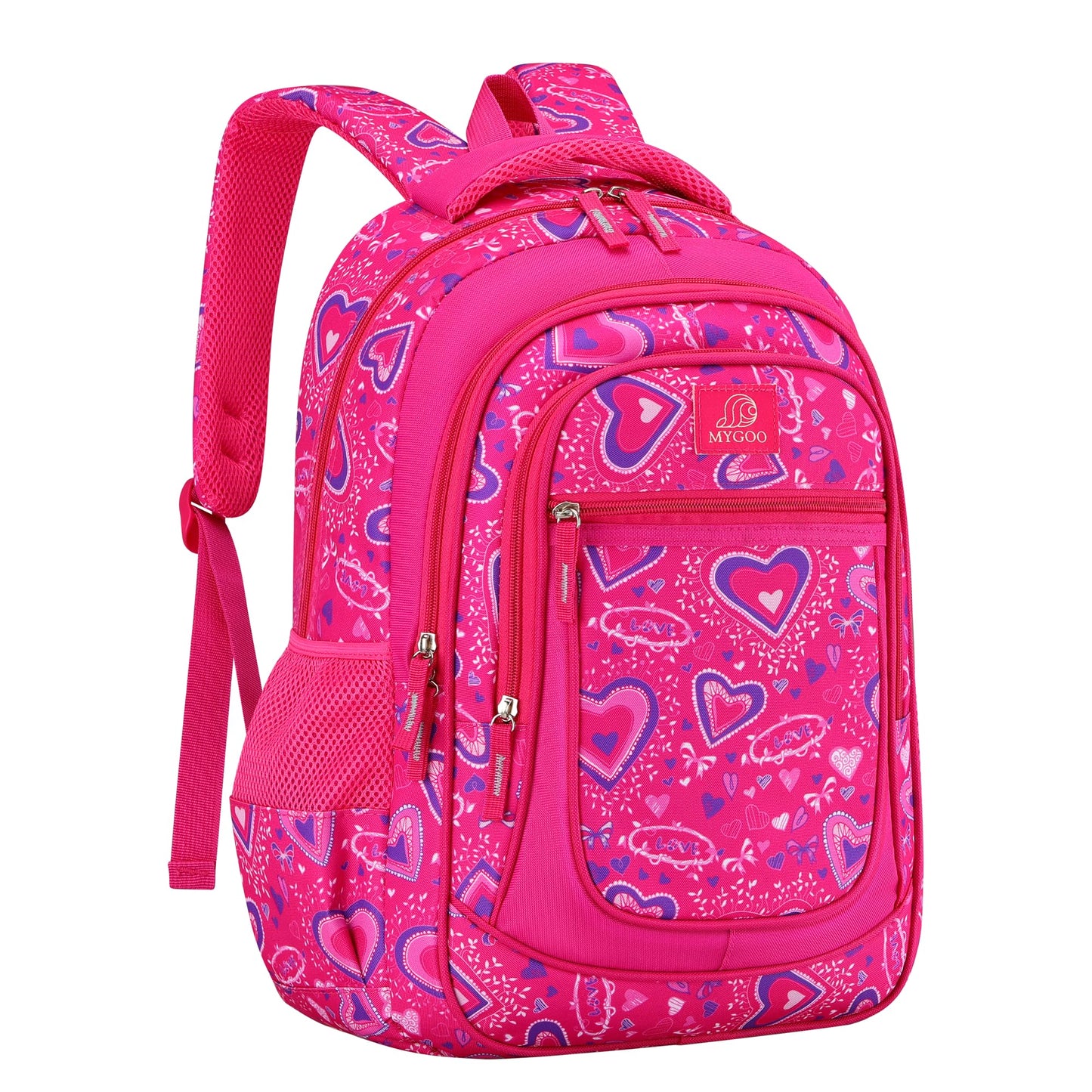 MYGOO Vineyard Elementary Kids Backpack for Girls | 17" Heart Pink | Structured for School Life