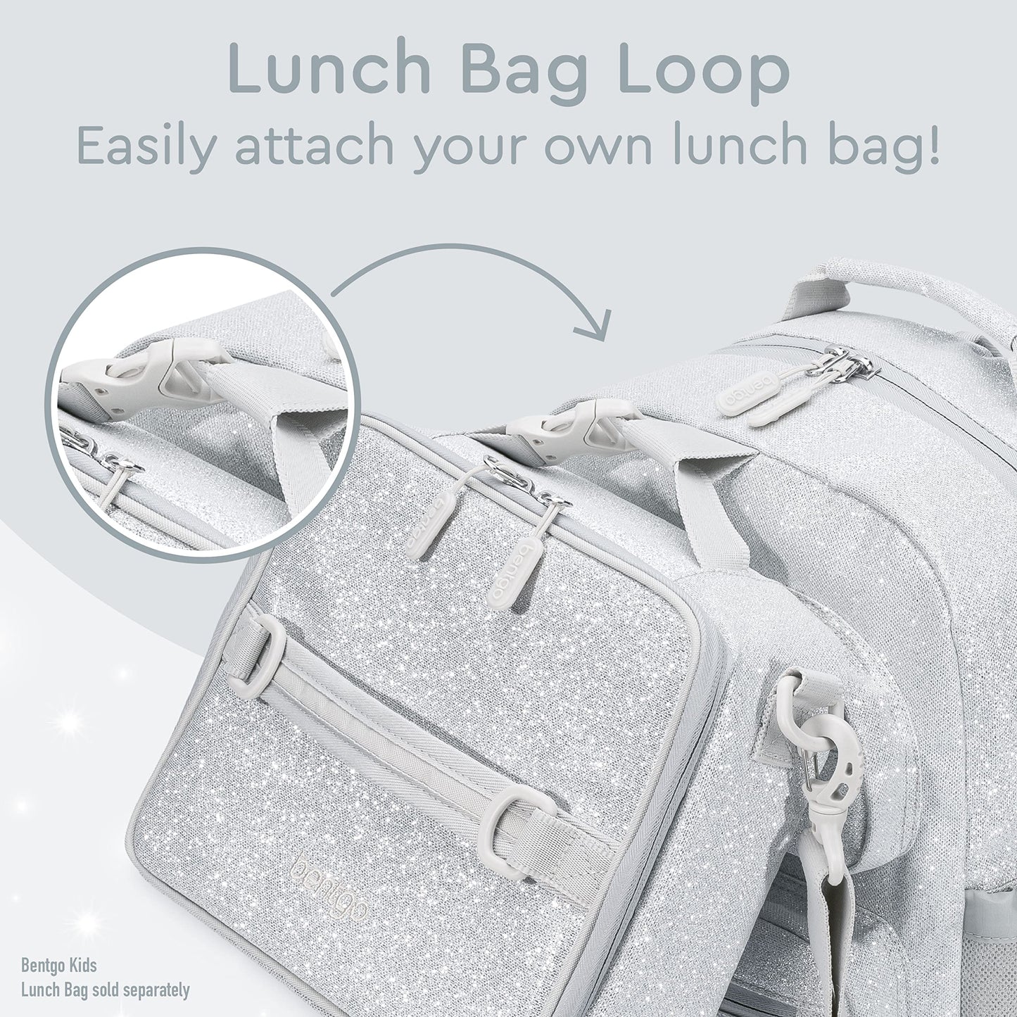 Bentgo Kids Glitter Backpack - Lightweight 14” Backpack for School, Travel & Daycare, Ideal for Ages 4+, Durable & Water-Resistant, Roomy Interior, & Loop for Lunch Bag (Glitter Edition - Silver)