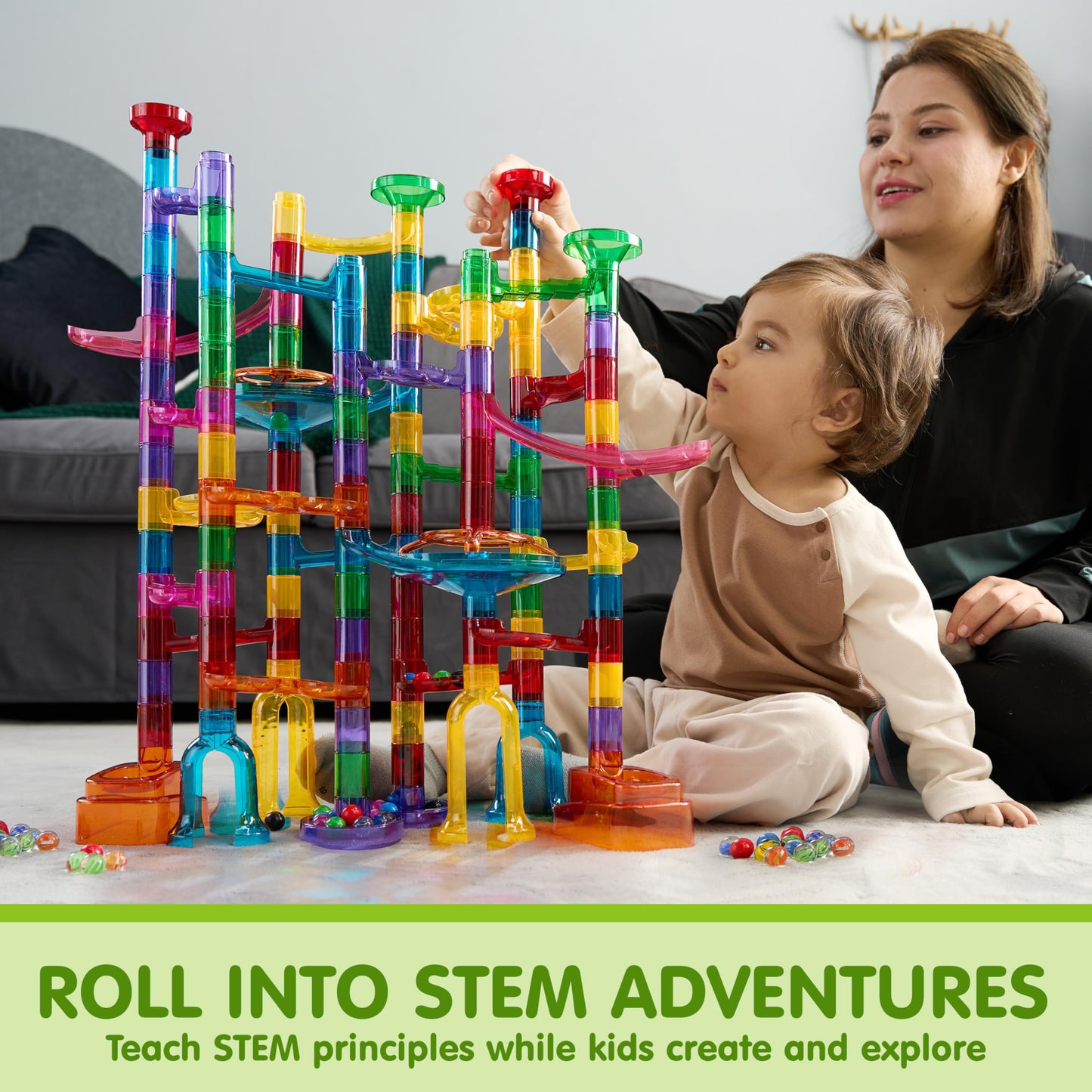 JOYIN 137Pcs Glowing Marble Run - Construction Building Blocks Toys with 15 Glow in The Dark Plastic Marbles, STEM Toy Presents for Boys and Girls