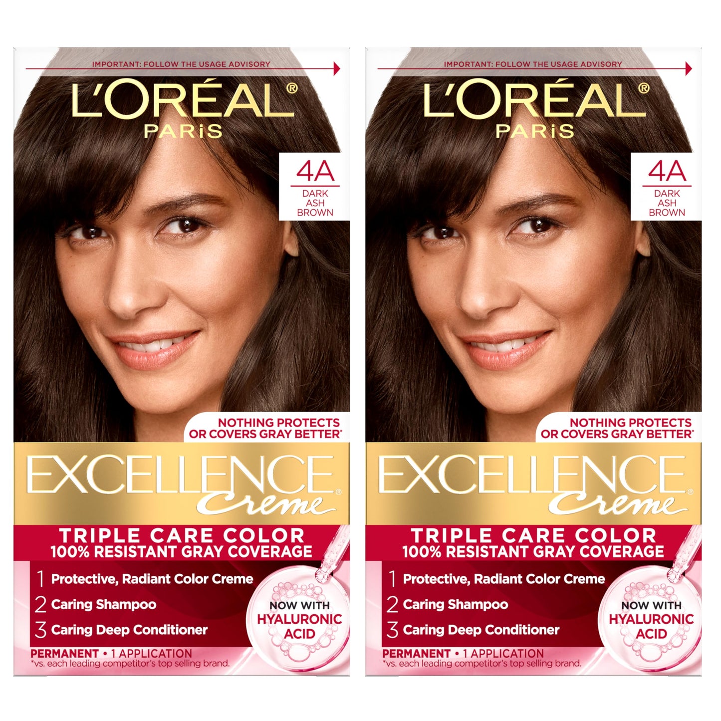 L'Oreal Paris Excellence Crème Permanent Hair Dye, Triple Care Hair Color with Pro-Keratine Complex for 100% Gray Hair Coverage, 4A Dark Ash Brown, 1