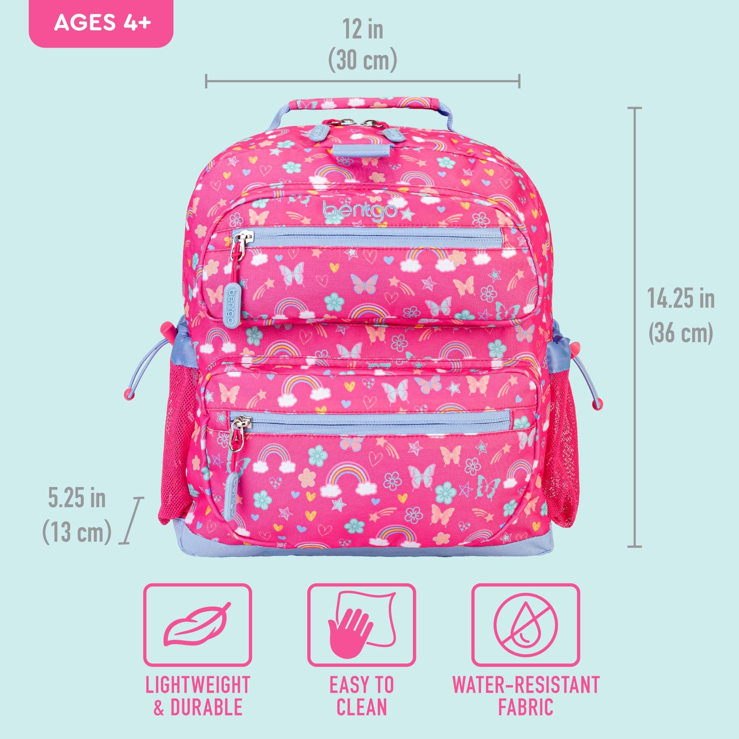Bentgo Kids Backpack - Lightweight 14” Backpack in Fun Prints for School, Travel, & Daycare, Ideal for Ages 4+, Roomy Interior, Durable & Water-Resistant Fabric, & Loop for Lunch Bag (Rainbows)