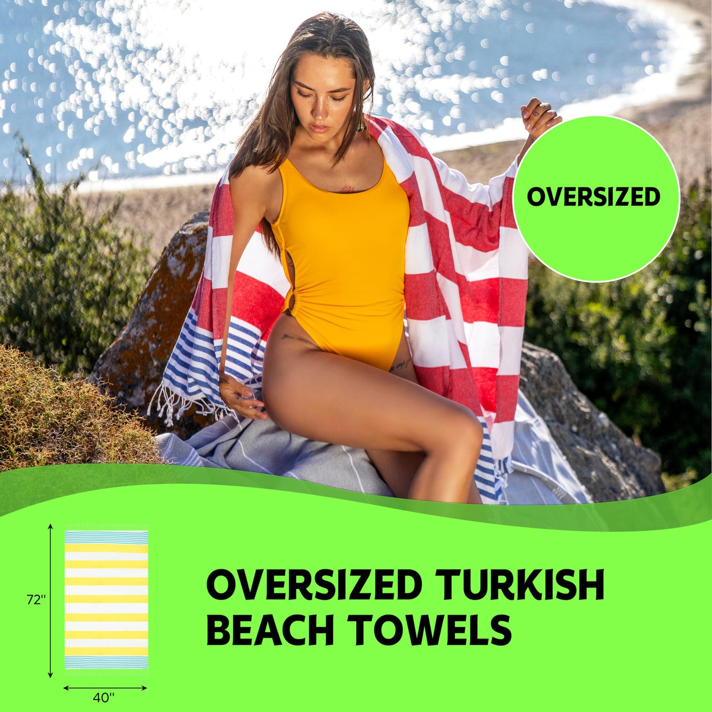 HAVLULAND 6-Packs Turkish Beach Towel Oversized 72"x40", 100% Turkish Cotton, Quick Drying Bath, Pool & Beach Towels - Sand Free, Extra Large, Ultra…