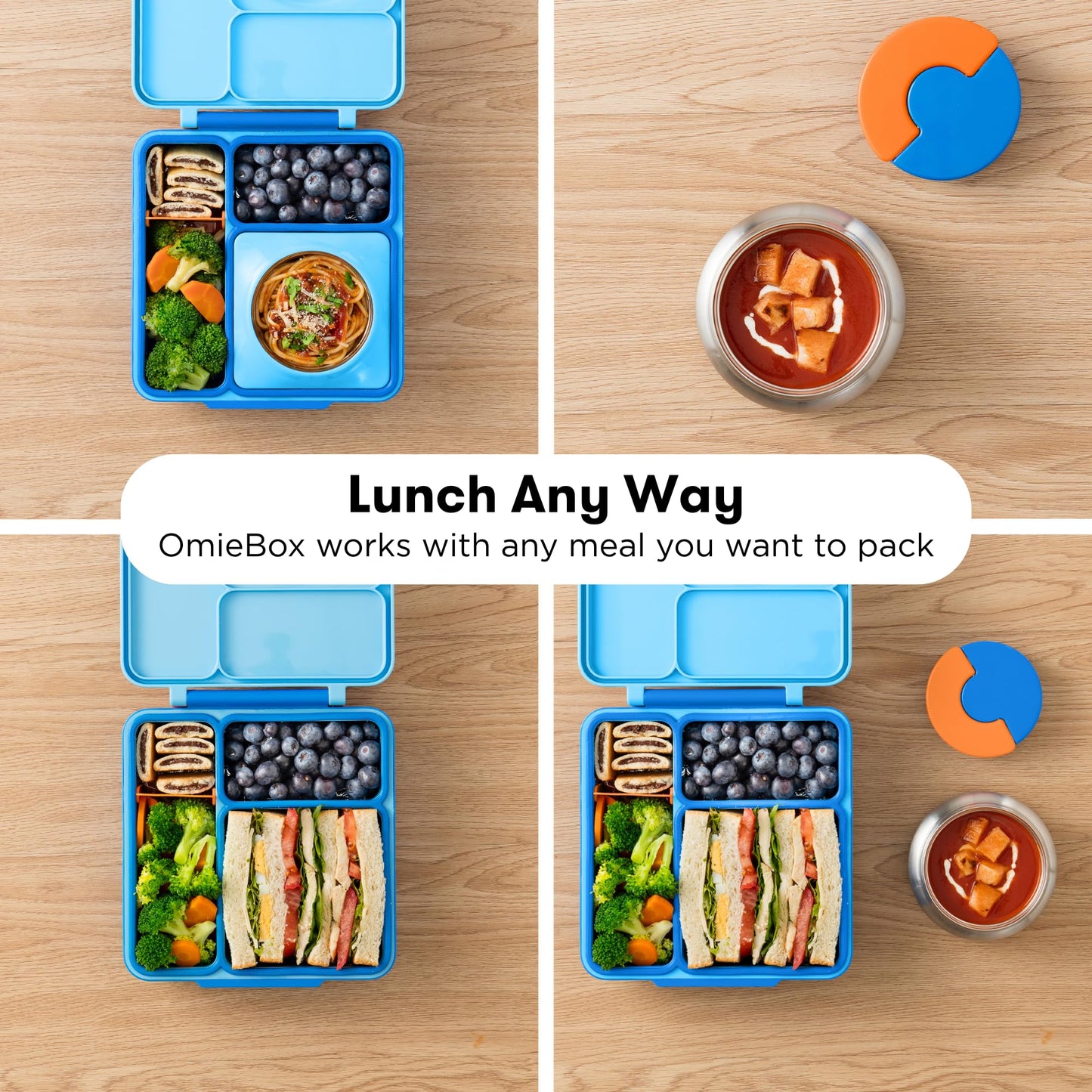 OmieBox Bento Box for Kids - Insulated Bento Lunch Box with Leak Proof Vacuum Insulated Food Jar - 3 Compartments, Two Temperature Zones (Blue Sky)