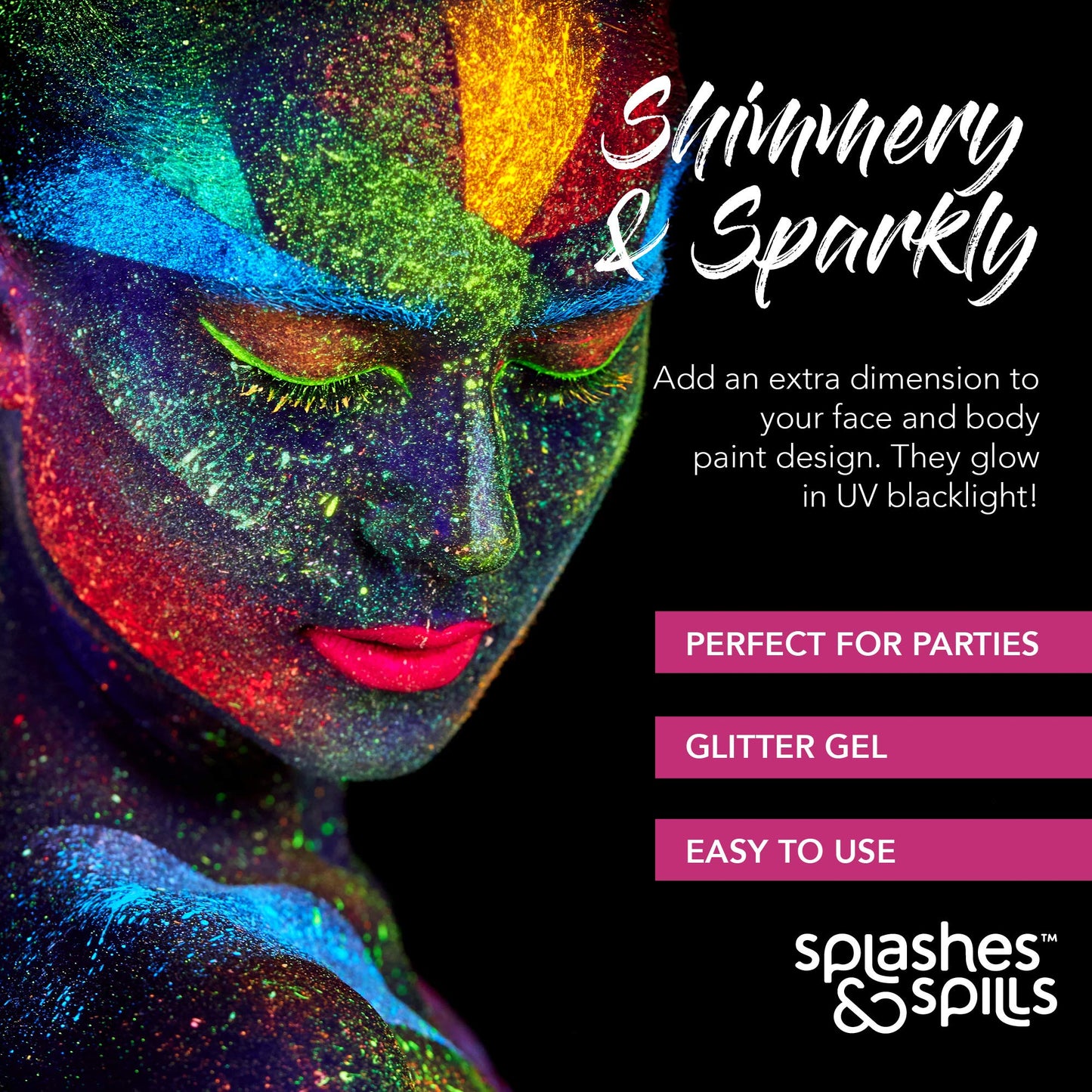 UV Glitter Body Paint Gel - 4 Colors Cosmetic Set for Girls, Women, Adults - 10 ml Tubes with Glowing Effect - Perfect for Dress Up, Festival, Costume