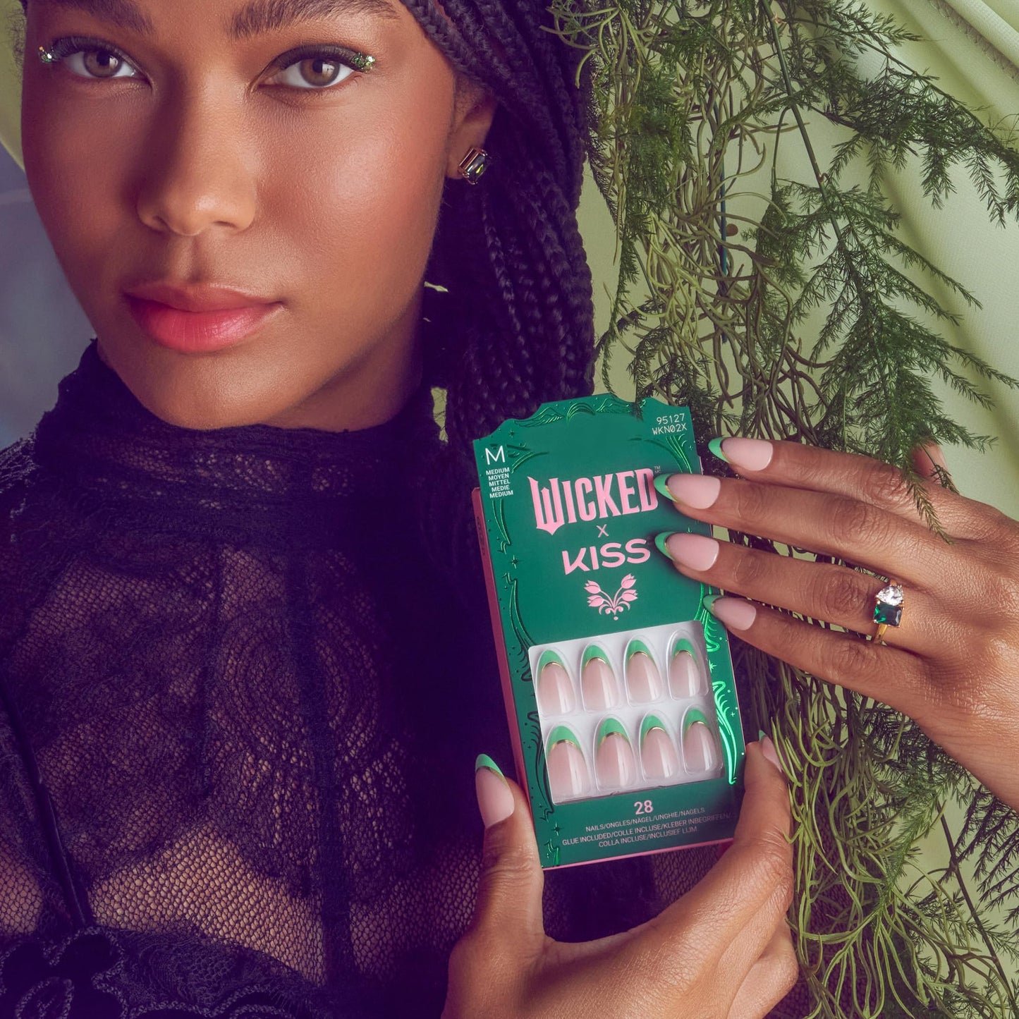WICKED X KISS Press On Nails Almond, ‘Thrillifying!’, Green, Medium, Waterproof, Chip Proof, Smudge Proof, 28 Fake Nails, Pink Gel Nail Glue (2g) Beauty & Personal Care KISS