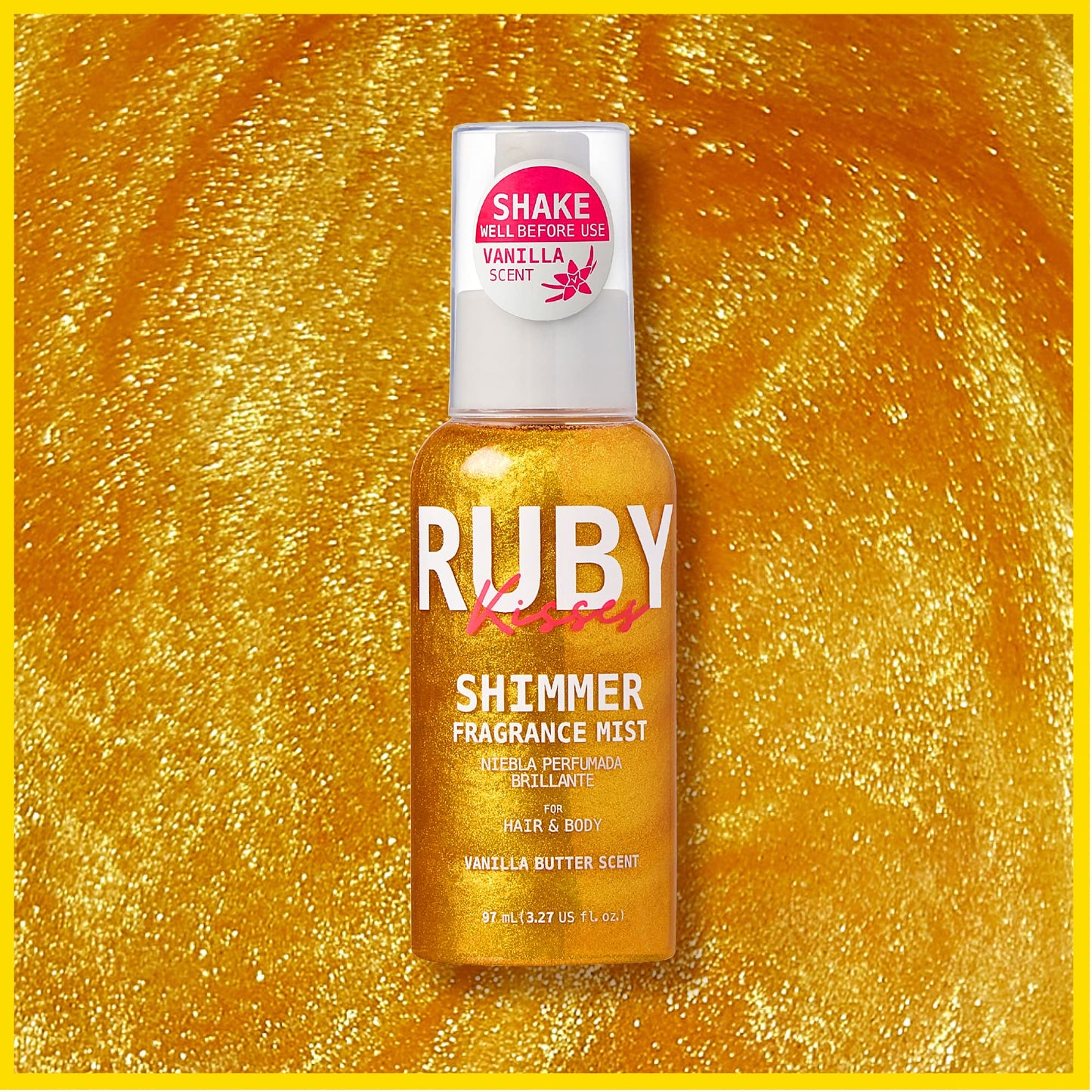 Ruby Kisses Shimmer Fragrance Body and Hair Mist Spray, Vanilla Glitter Body Perfume Spray, Skin Perfume, Liquid Illuminator Highlighter for Skin