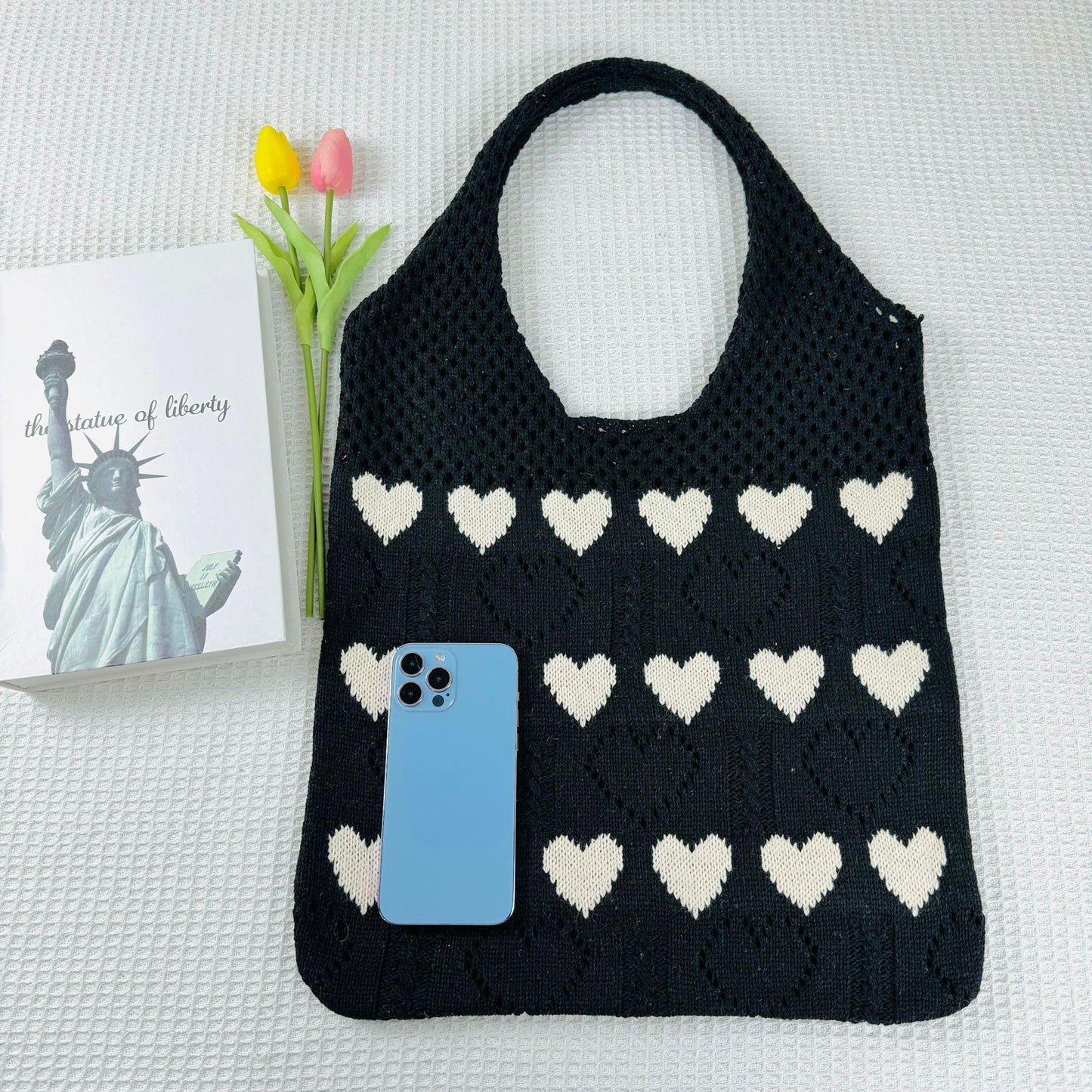 Pokn Heart Crochet Tote Bag Cute Purse for Women Cutecore Key Chain Y2K Accessories Valentines Aesthetic Handbags for Women (N-Black)