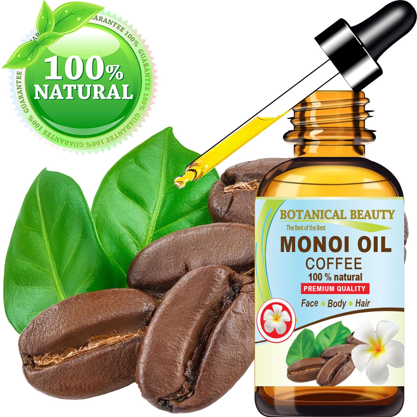 Botanical Beauty MONOI OIL COFFEE. Frangipani flowers in Coconut Oil with Coffee aroma. 100% Natural Pure for FACE, SKIN, BODY, HAIR, NAILS. Luxury