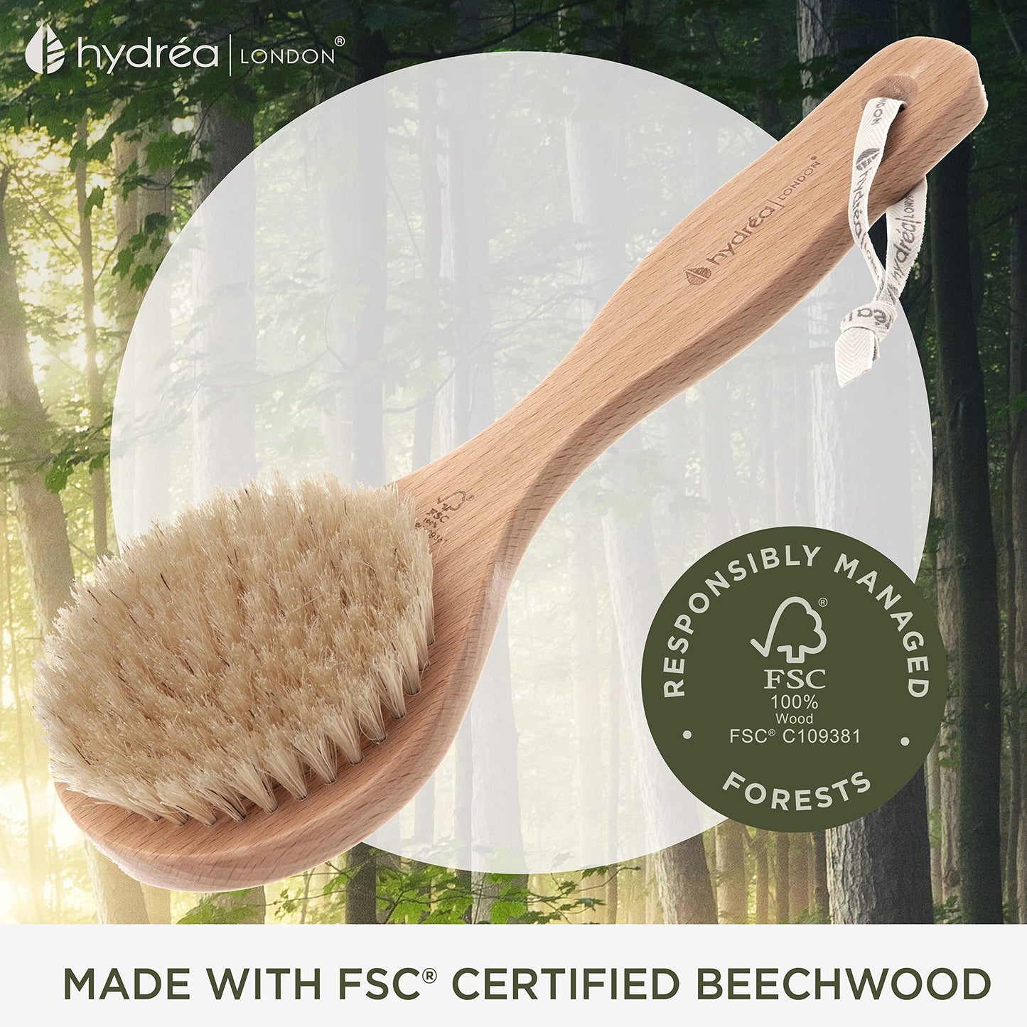 Hydrea London Dry Body Brush -Short Handle Premium Exfoliating Dry Skin Brush with Natural Bristle, FSC® Certified Beechwood.