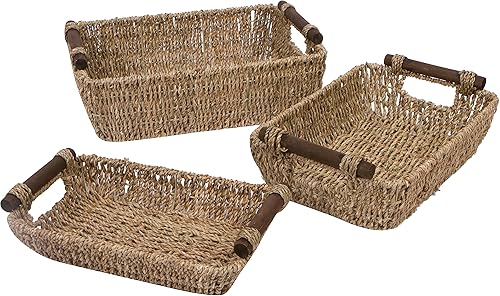 Seagrass & Wood Handled Baskets by Trademark Innovations (Set of 3)