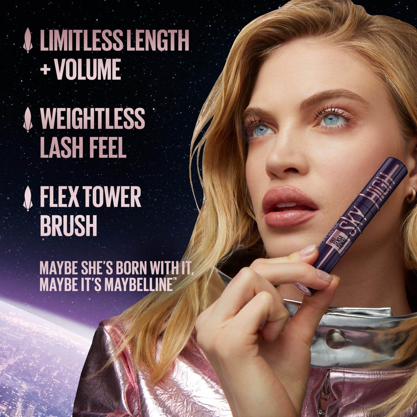 Maybelline Lash Sensational Sky High Washable Mascara Makeup, Volumizing, Lengthening, Defining, Curling, Multiplying, Buildable Formula, Blackest
