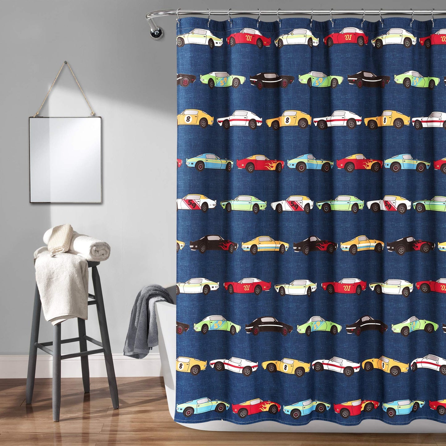 Lush Decor Race Cars Shower Curtain Single 72" W x 72" L Navy - Fabric Shower Curtains for Bathroom - Car Decor - Kids Bathroom Curtain