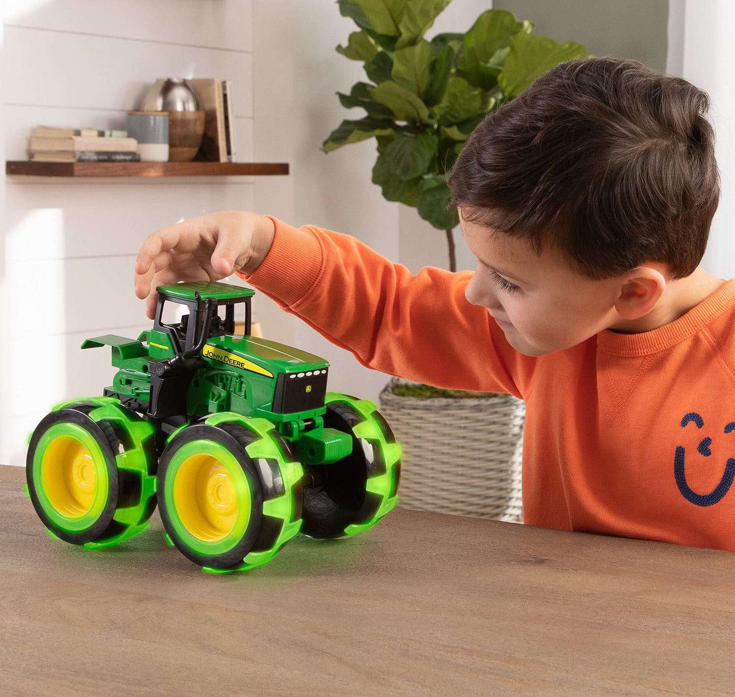 TOMY Monster Treads Lightning Wheels – John Deere Tractor Toy with Motion-Activated Light-Up Monster Truck Tires, Kids Ages 3+