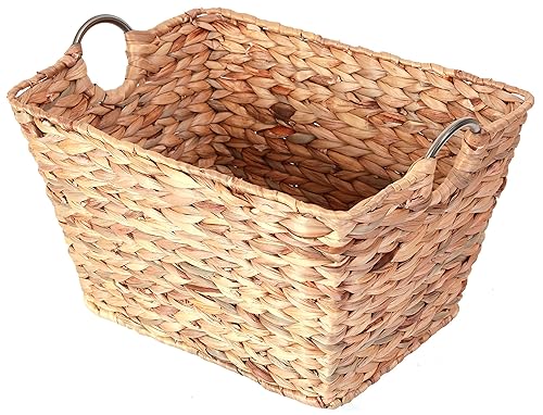 Vintiquewise Large Square Water Hyacinth Wicker Laundry Basket with Metal Handles