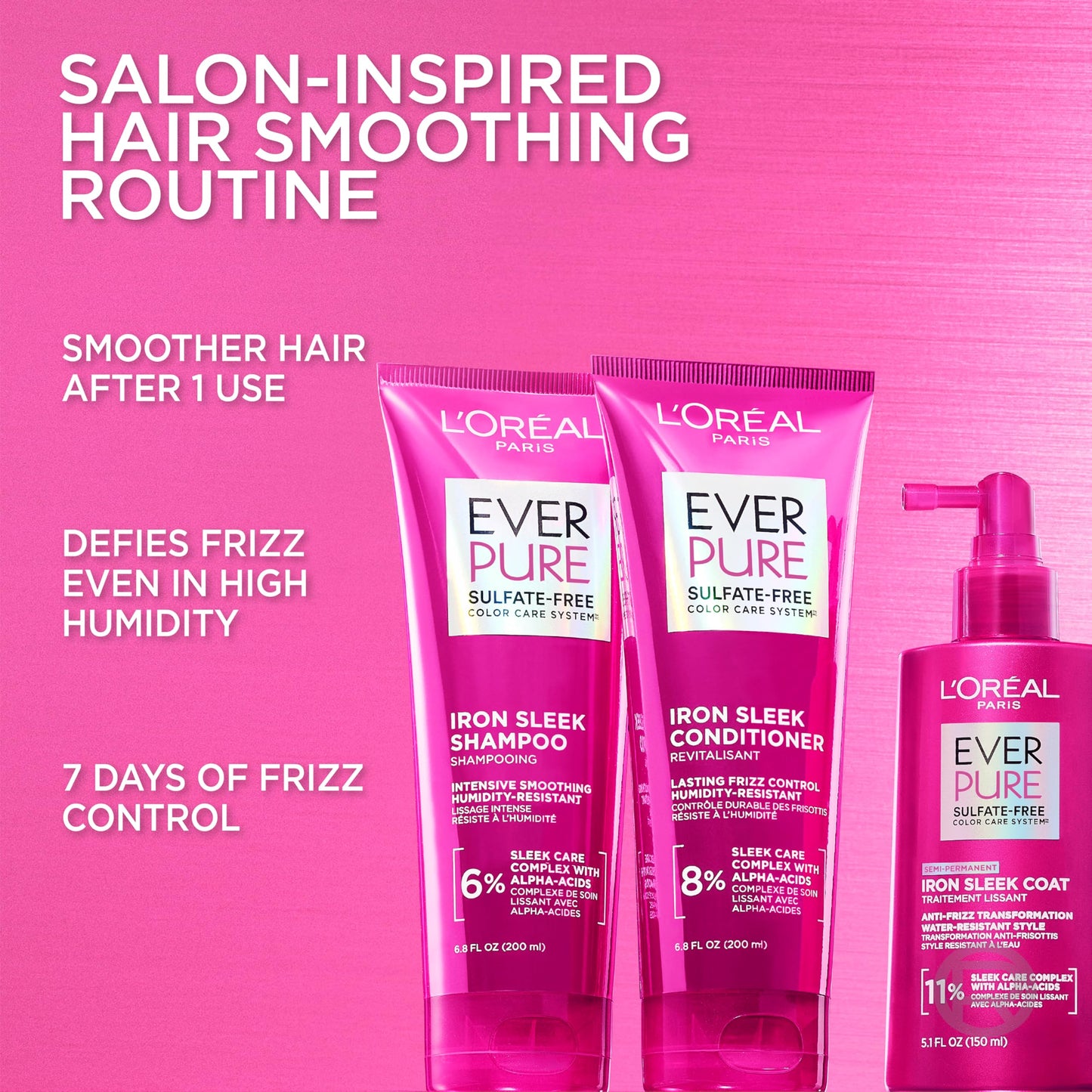 L'Oreal Paris Sulfate Free Iron Sleek Smoothing Conditioner, Frizz Control and Humidity-Resistant Formula with Alpha-Acids for Frizzy Hair, EverPure
