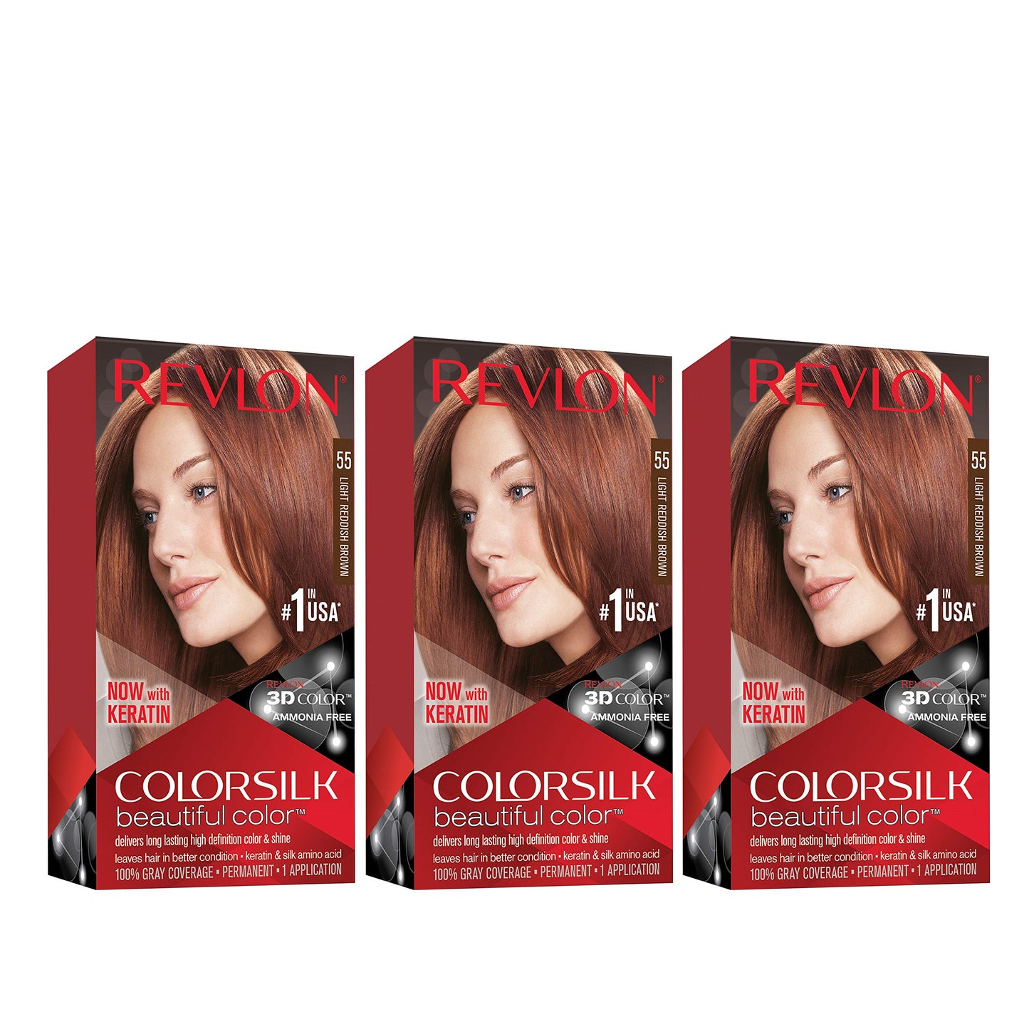 Revlon Permanent Hair Color, Permanent Hair Dye, Colorsilk with 100% Gray Coverage, Ammonia-Free, Keratin and Amino Acids, 55 Light Reddish Brown, 4.4