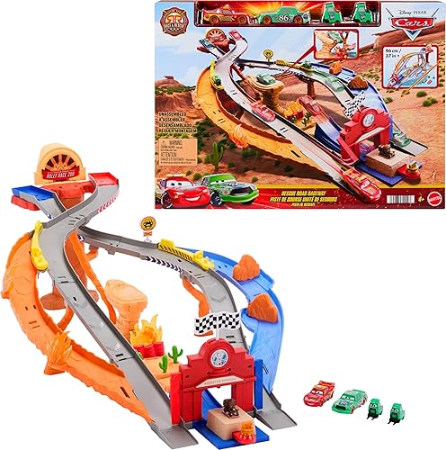 Mattel Disney and Pixar Cars Toy Playset, Lightning McQueen & Chicks Hicks & 2 Pitty Crew Vehicles, 2 Ways to Race, Race & Rescue Rescue Road Raceway