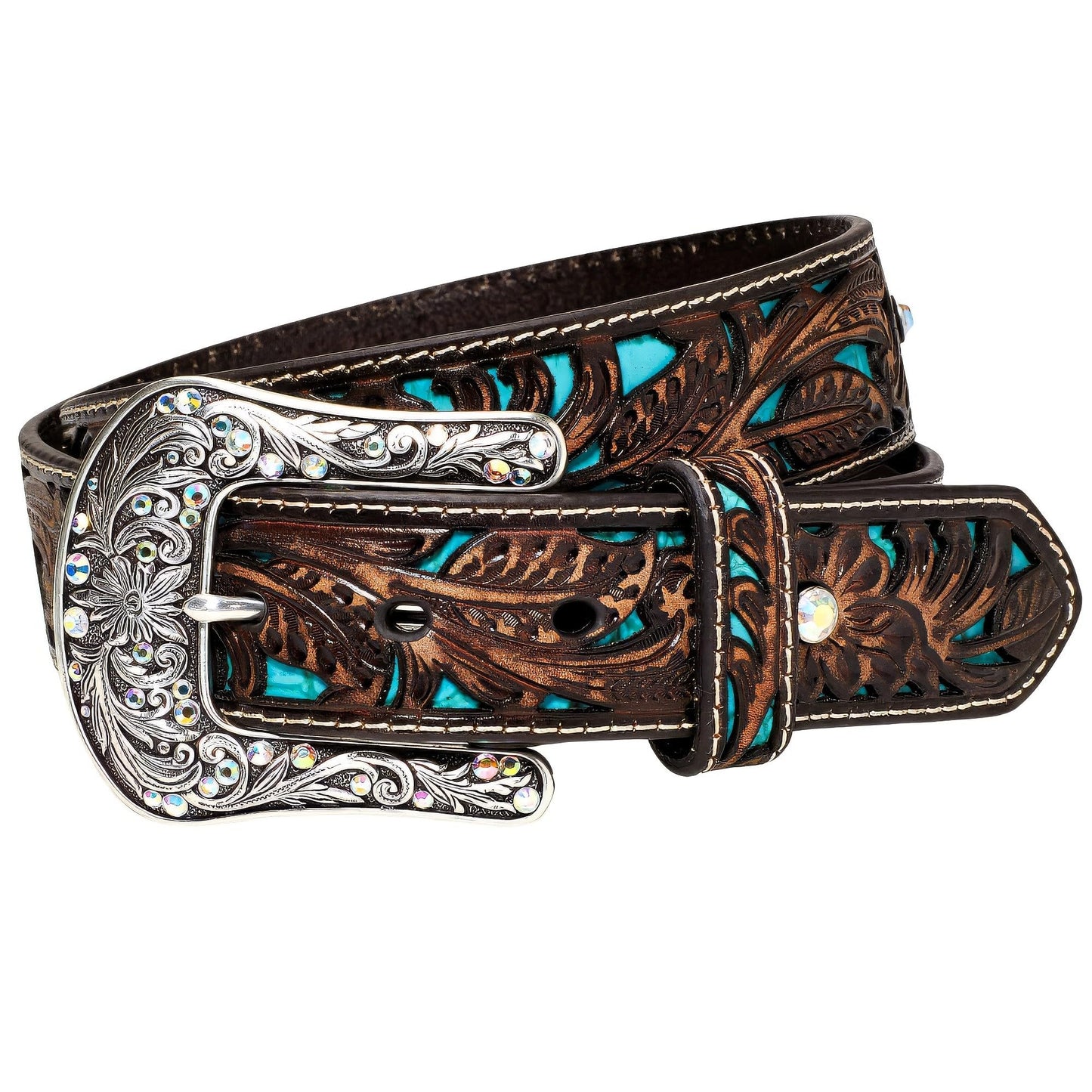 ARIAT Women's Turquoise Inlay Floral Bling Belt, Brown, Small
