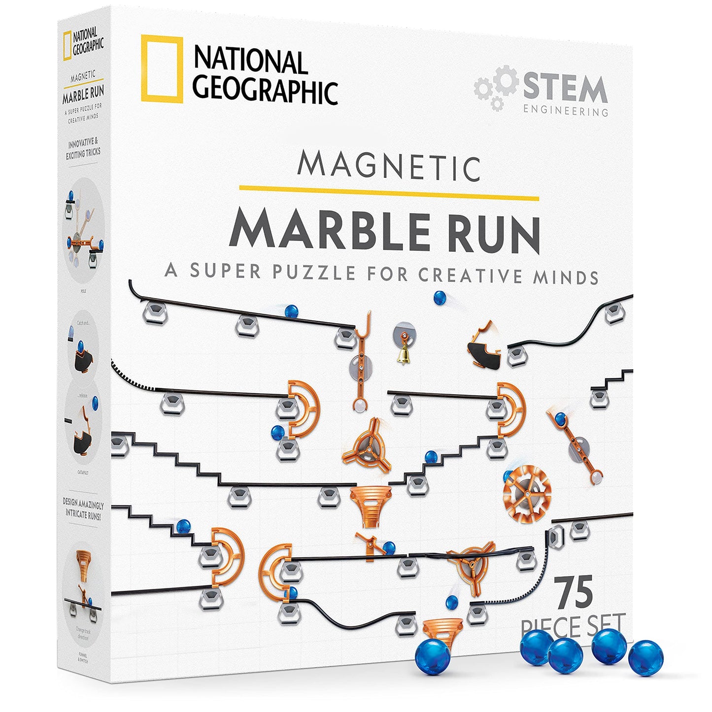 National Geographic Magnetic Marble Run 75pcs – STEM Building Set with Tracks, Trick Pieces & Marbles for Kids & Adults Marble Maze