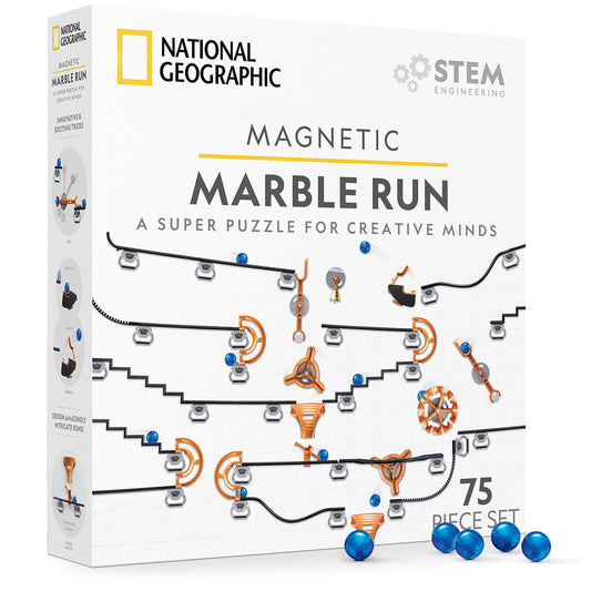 National Geographic Magnetic Marble Run 75pcs – STEM Building Set with Tracks, Trick Pieces & Marbles for Kids & Adults Marble Maze