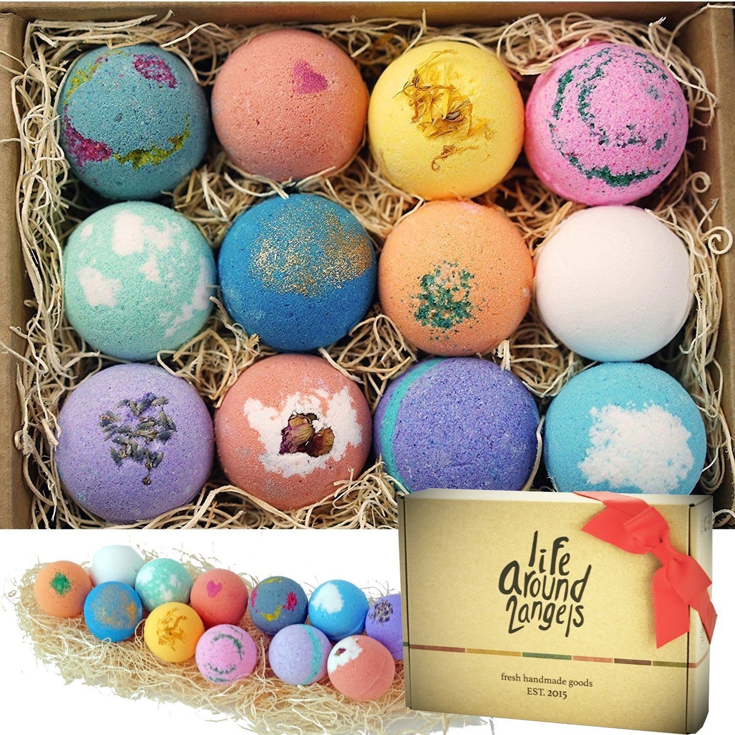 LifeAround2Angels Bath Bombs Gift Set 12 USA made Fizzies, Shea & Coco Butter Dry Skin Moisturize, Perfect for Bubble Spa Bath. Handmade Birthday…