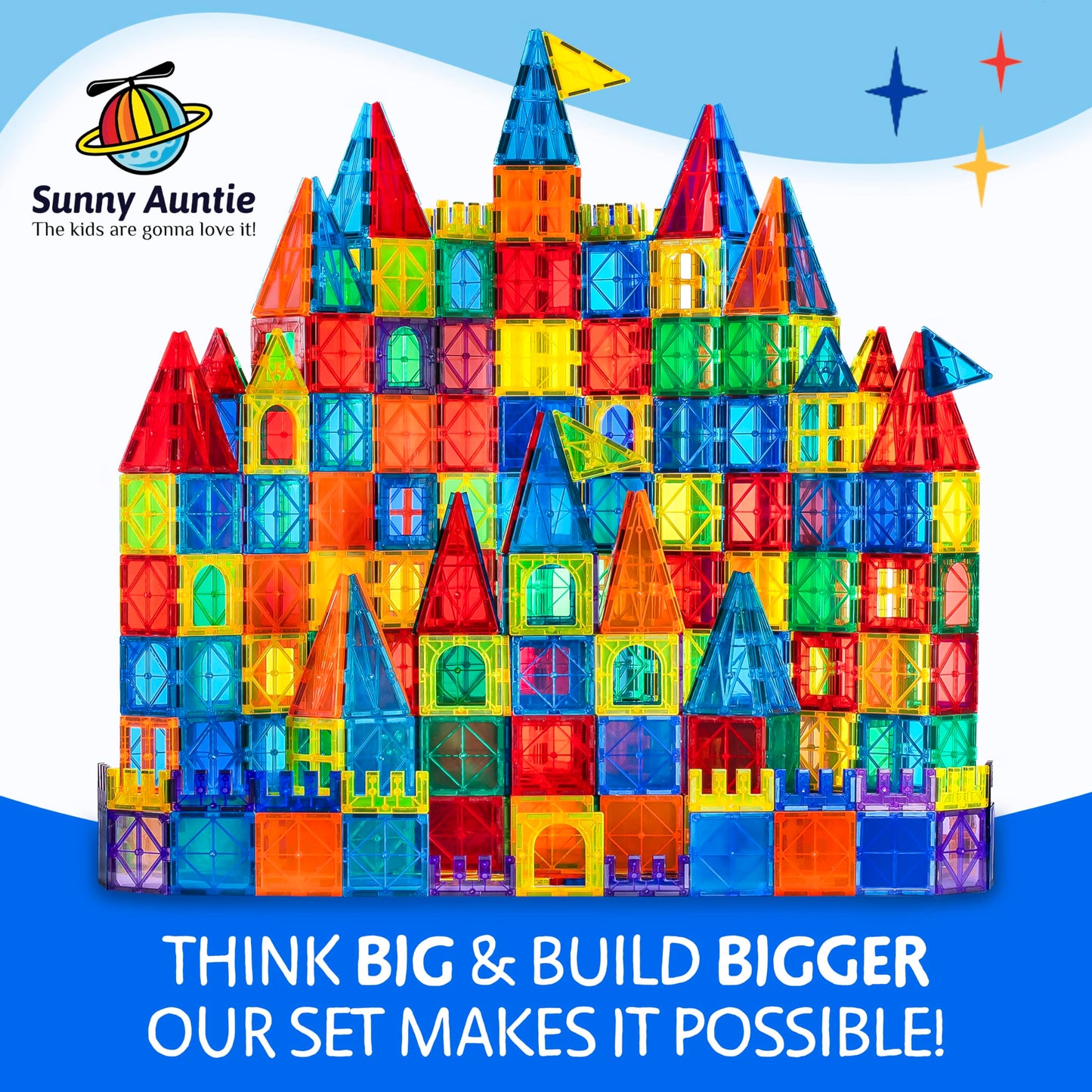 SUNNY AUNTIE Magnetic Tiles 125pcs XL Set + Bonus Zippered Case – Building Toy for Kids Ages 3-8, Educational STEM Gift for Boys & Girls
