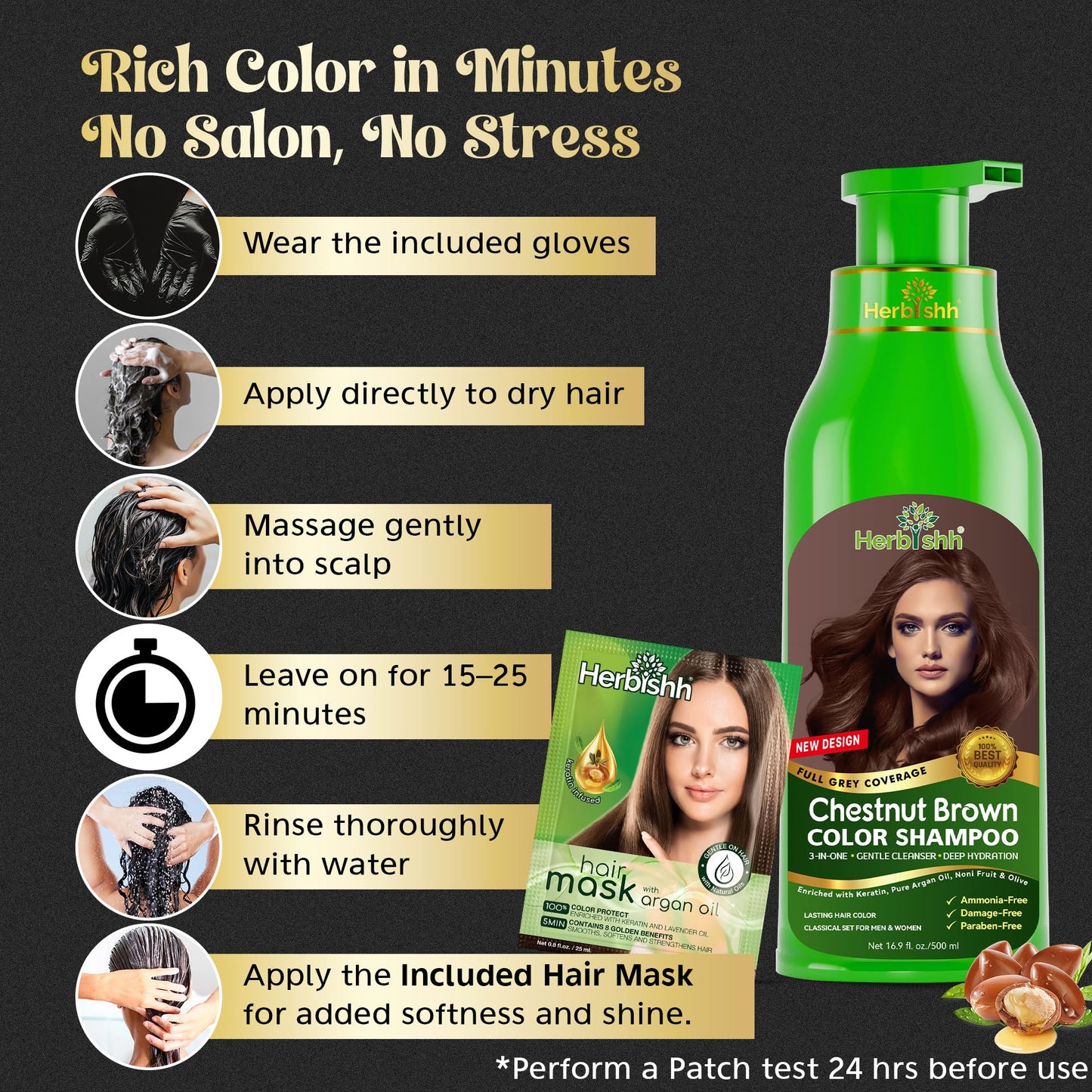 Herbishh Hair Color Shampoo for Gray Hair - Natural Hair Dye Shampoo - Colors Hair in Minutes - Lasts Up To 3-4 Weeks - 500 Ml - 3-In-1 Hair Color