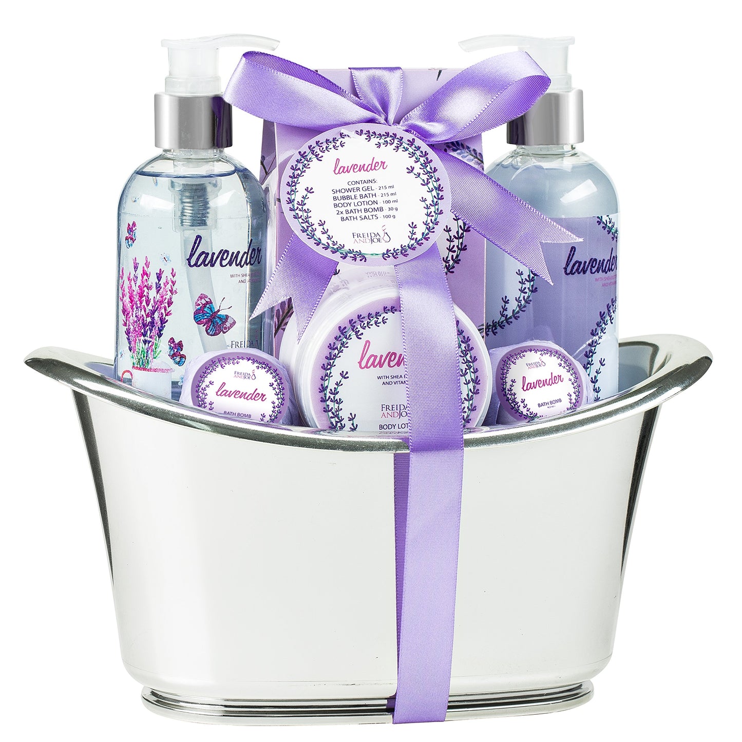 Aromatherapy Essentials Spa Set for Women in Large Silver Tub Bath Set Includes 2 Bath Bombs, Body Lotion, Bath Salts, Shower Gel, and Bubble Bath