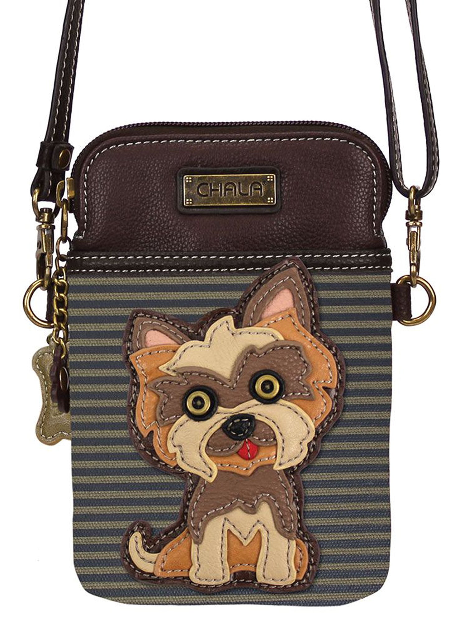 Chala Group Yorkshire Terrier Cellphone Crossbody Handbag - Convertible Strap Yorkie Mom, Brown Stripes, 5" x 7.5" x 1"