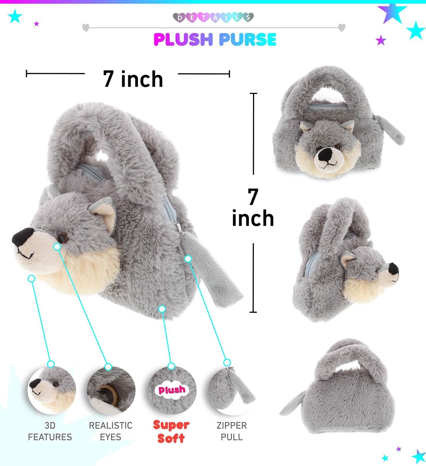 DolliBu Gray Wolf Plush Handbag - Super Soft Plush Stuffed Animal Purse for Children's Accessories, Kids Hand Bag Toy Purse, Pretend Play, Fluffy…