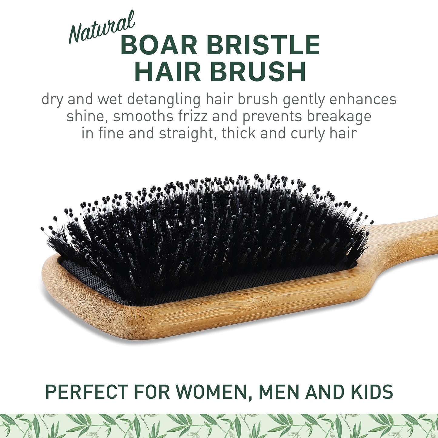 Natural Boar Bristle Hair Brush for Women, Men, Kids; Dry and Wet Detangling Hair Brush Gently Enhances Shine, Smooths Frizz and Prevents Breakage