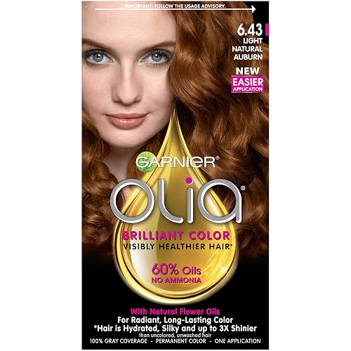 Garnier Olia Ammonia Free Permanent Hair Color, 100% Gray Coverage (Packaging May Vary), 6.43 Light Natural Auburn, Red Hair Dye, Pack of 1