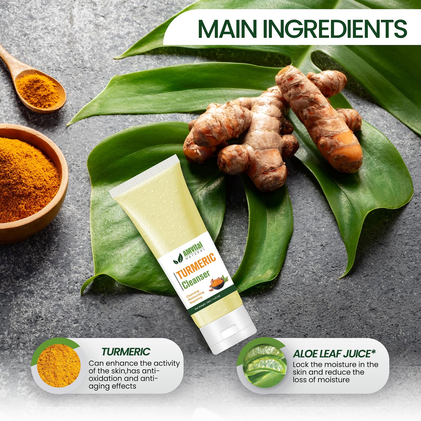 Turmeric Face Wash - Turmeric Facial-Cleanser with Aloe Vera, Vitamin E, and Natural Extracts - Lightweight Daily Gel Face Wash for All Skin Types