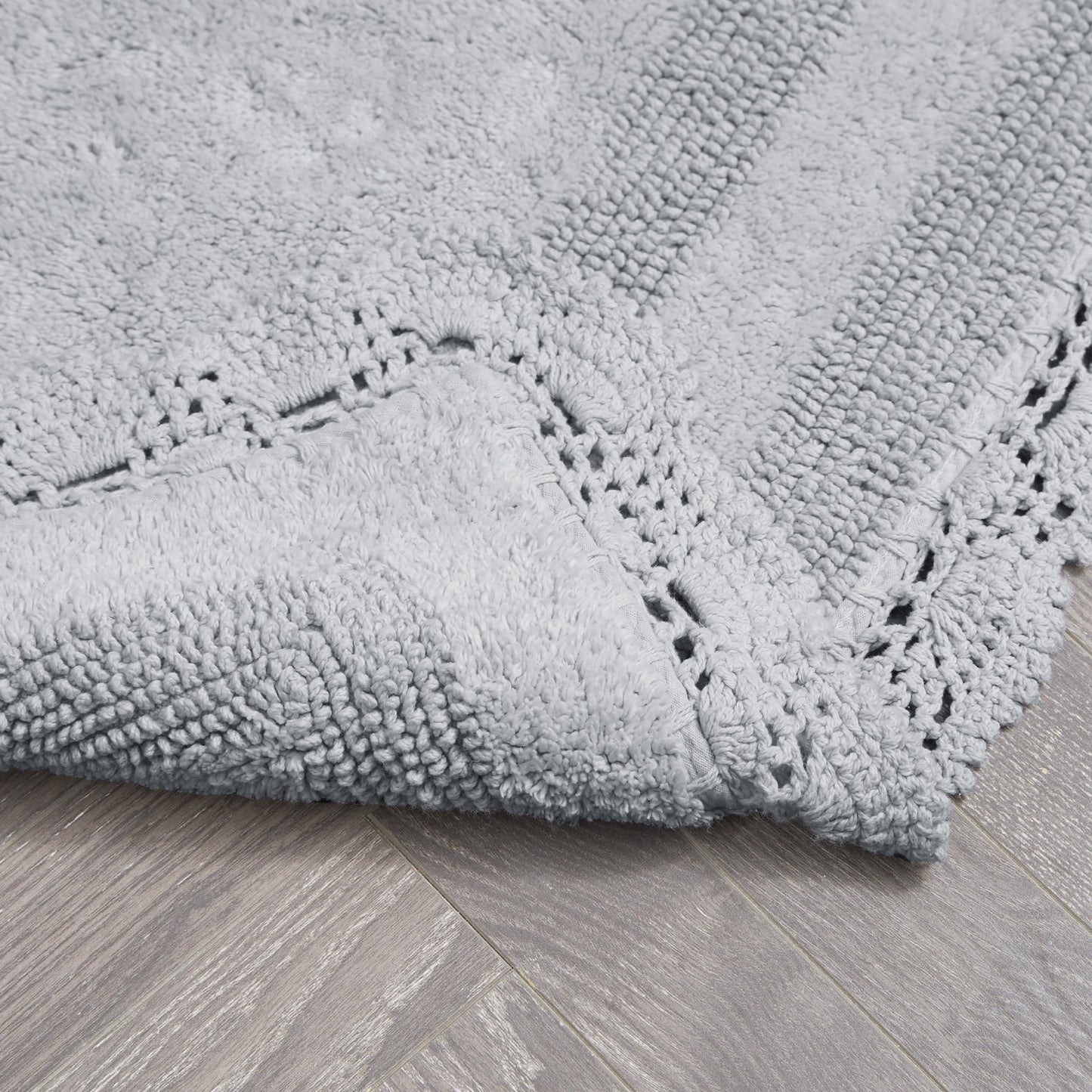 Laura Ashley Absorbent Bath Mat Reversible Crochet Soft and Plush Bathroom Mat 100% Cotton 2-Piece Bath Rug Set, Light Grey