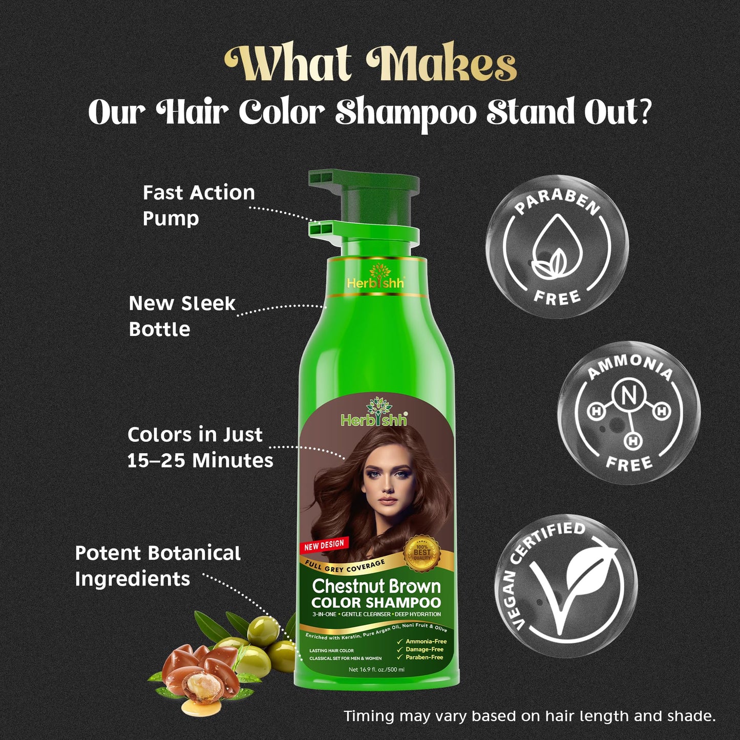 Herbishh Hair Color Shampoo for Gray Hair - Natural Hair Dye Shampoo - Lasts Up To 3-4 Weeks - 500ML - 3-In-1 Hair Color - Colors, Cleanses