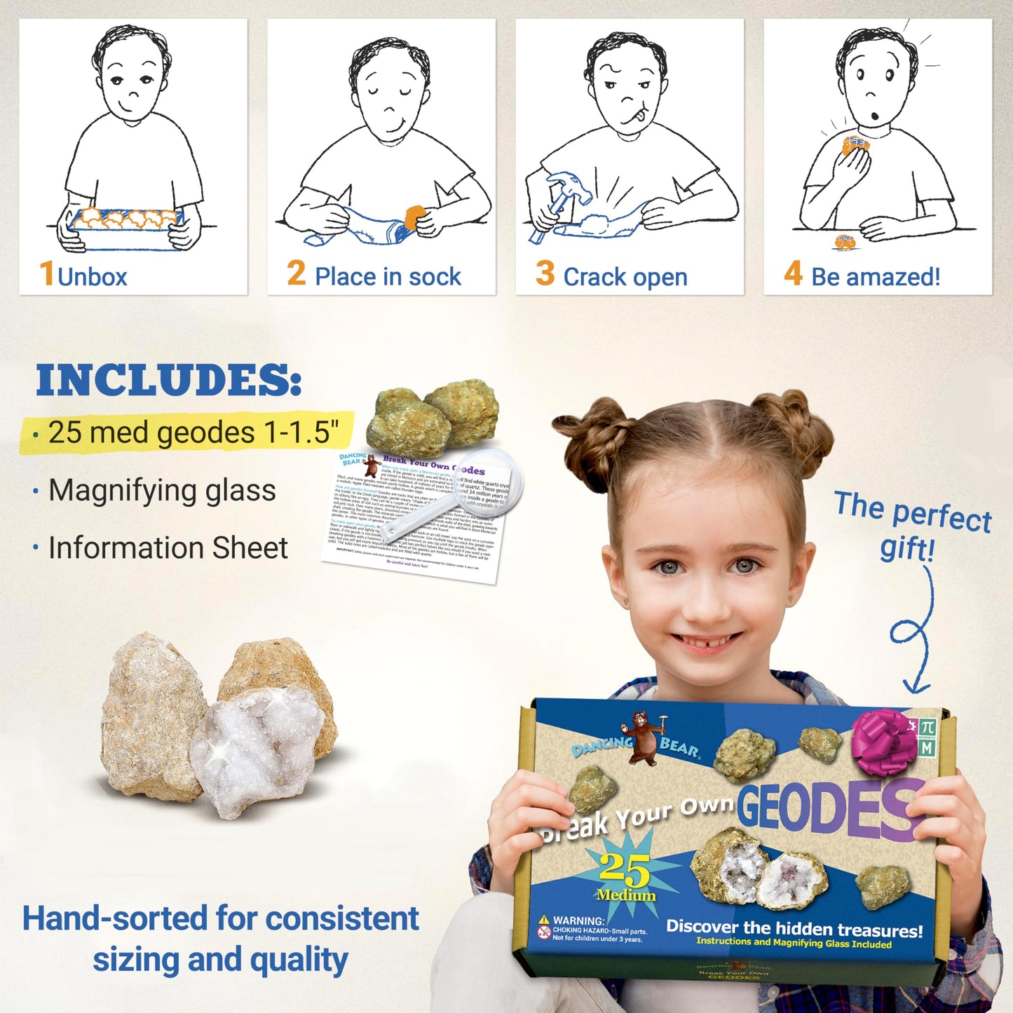 DANCING BEAR 25 Break Your Own Geodes – Medium 1–1.5" Hollow Crystals, Fun Educational Surprise Kit with Instructions, Party Favors & Prizes