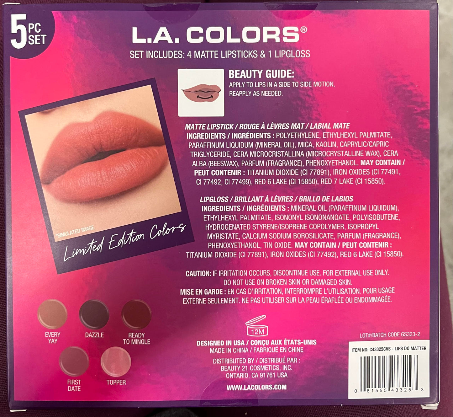 L.A. COLORS 5pc All Is Bright Lip Color Set, Lips Do Matter, 1 Count (Pack of 1)