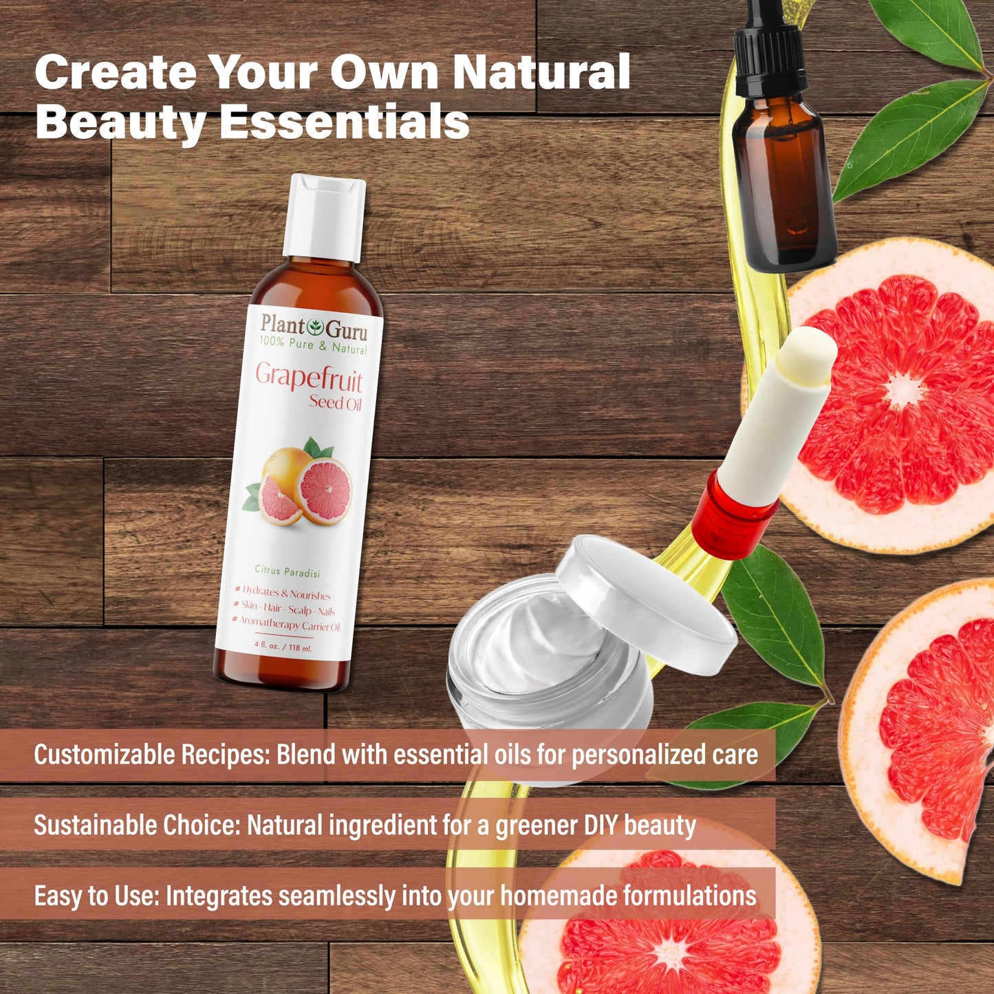 Grapefruit Seed Oil 4 fl. oz. Cold Pressed 100% Pure & Natural Carrier - Skin, Face, Body & Hair Growth Moisturizer. Great for DIY Creams, Lotions Beauty & Personal Care Plant Guru