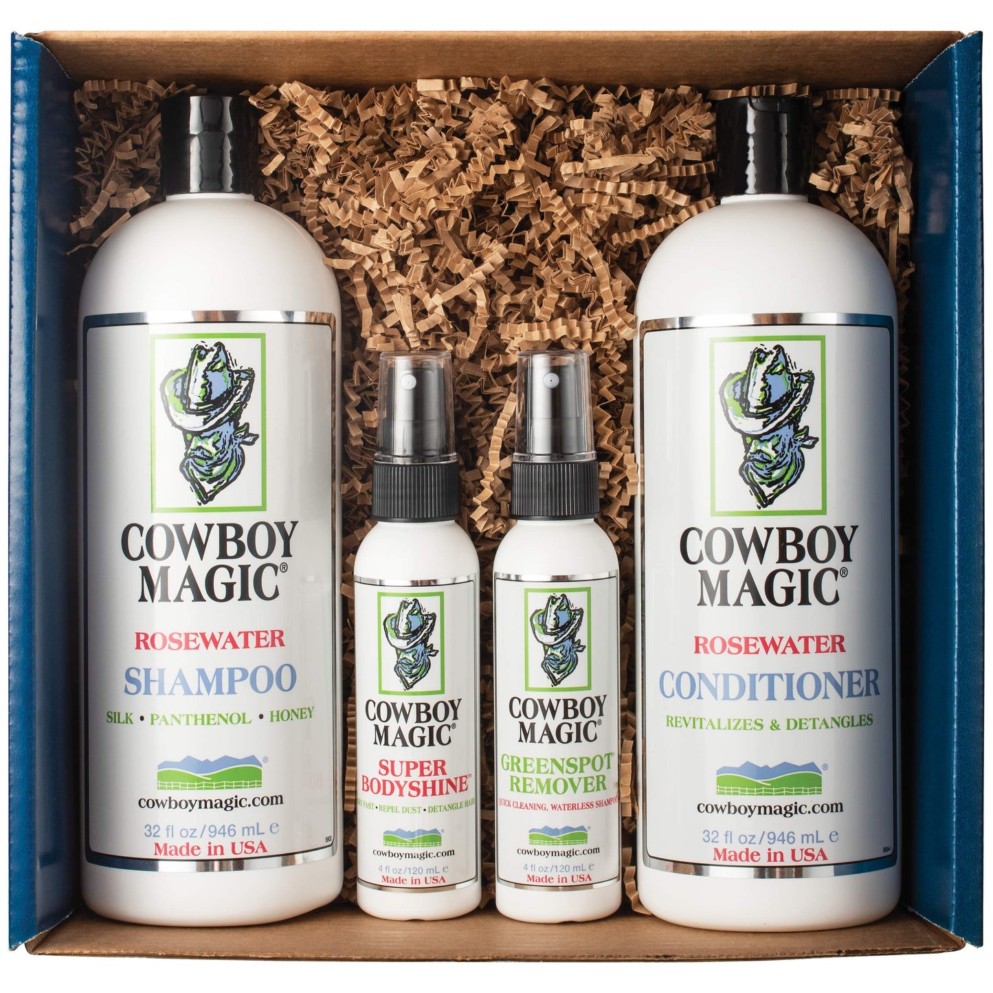 Cowboy Magic Show Ready LIMITED EDITION Box Set - 32 Oz Rosewater Shampoo, 32 Oz Conditioner, 4 Oz Greenspot Remover, 4 Oz Superbody Shine, and Bonus