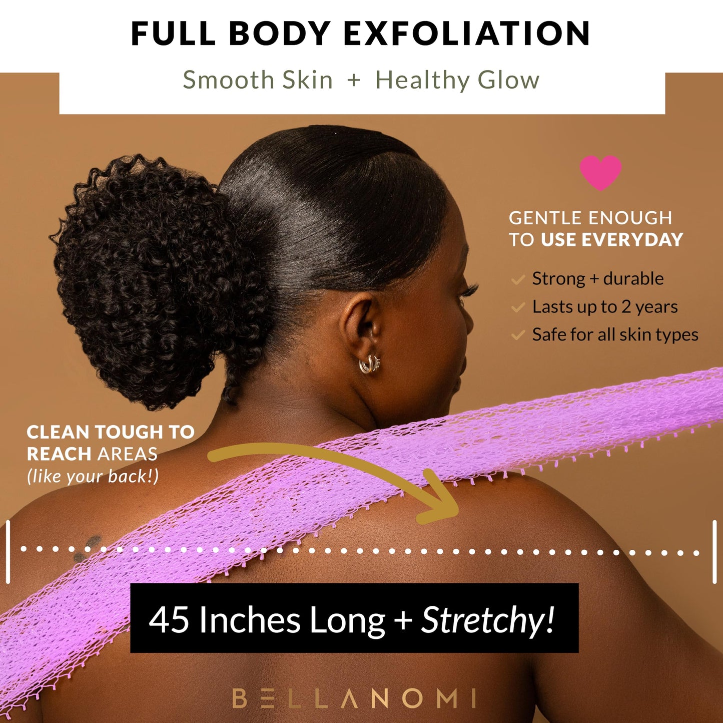 BELLANOMI African Exfoliating Net Sponge, Authentic, Ethically sourced from Nigeria, 45 inches Long, Back Scrubber for Daily use (Lilac) Beauty and Personal Care Bellanomi