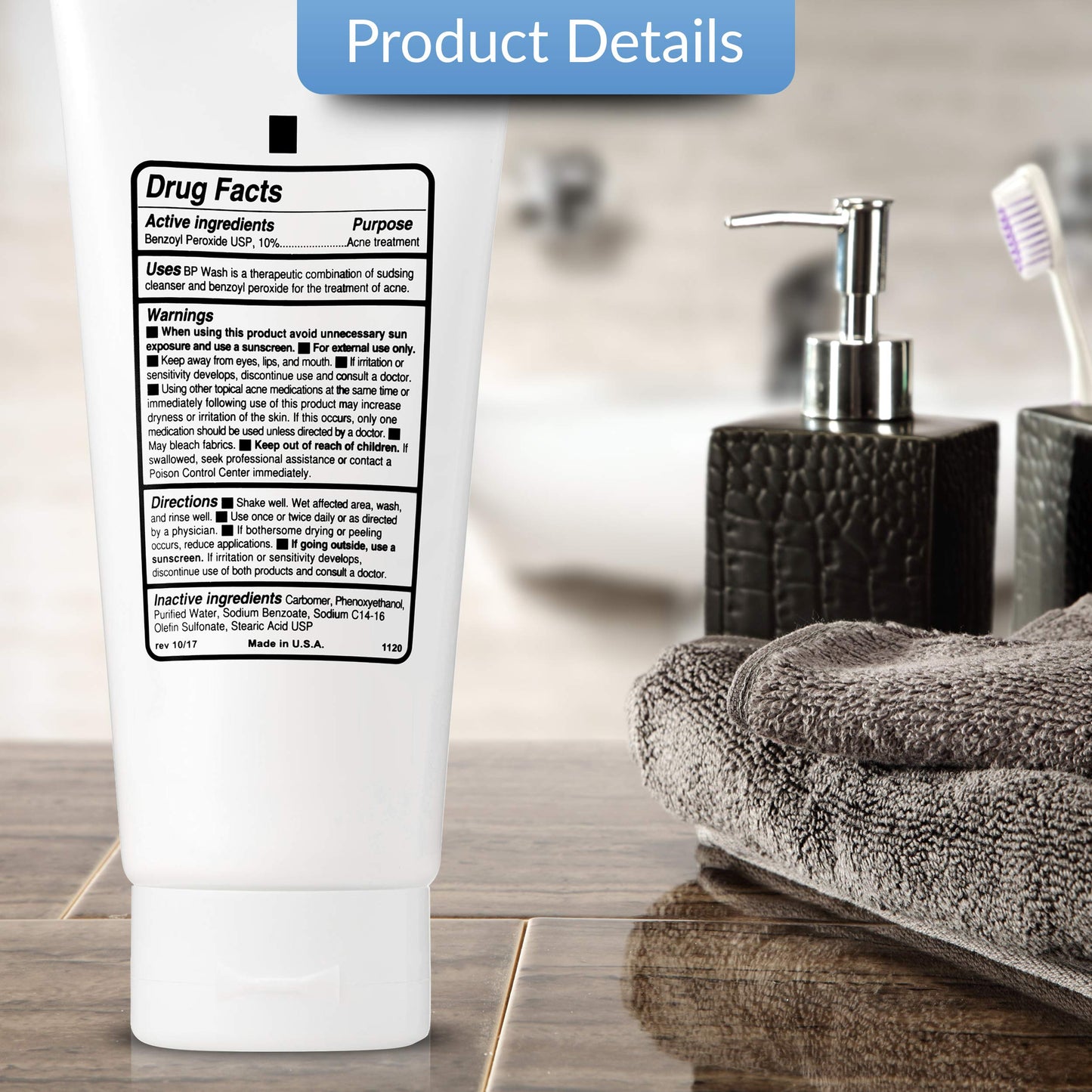 Tutta La Pelle Benzoyl Peroxide Body Wash 10% - Acne Face Wash & Acne Body Wash - Butt Acne Treatment & Back Acne Treatment - Highest Grade Medical