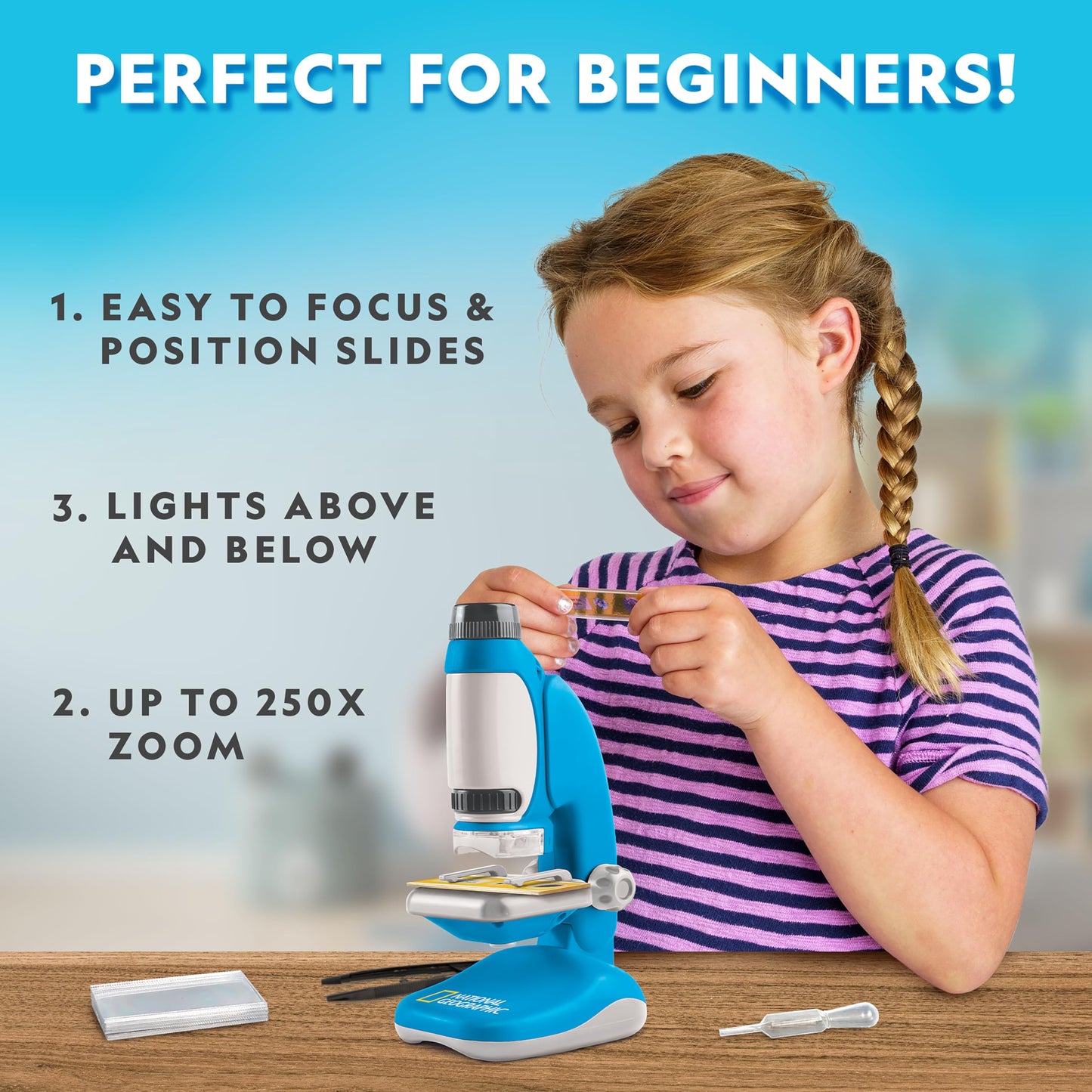 Blue Marble National Geographic Junior Microscope – Kids Science Kit with 250x Magnification, 12 Slides & Lab Guide, STEM Toy Ages 6–12